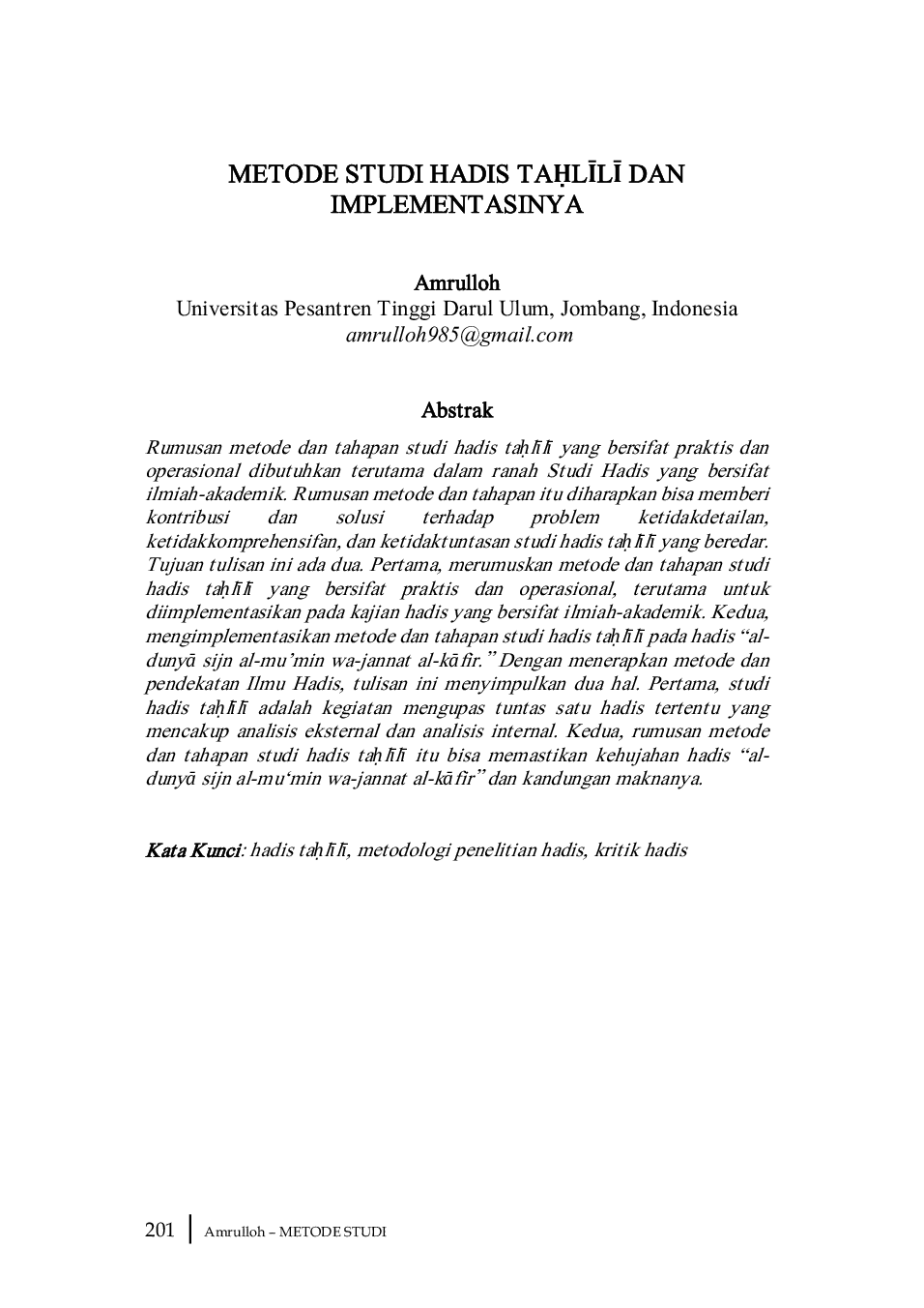 JURIS Metode Studi Hadis Taull dan Implementasinya