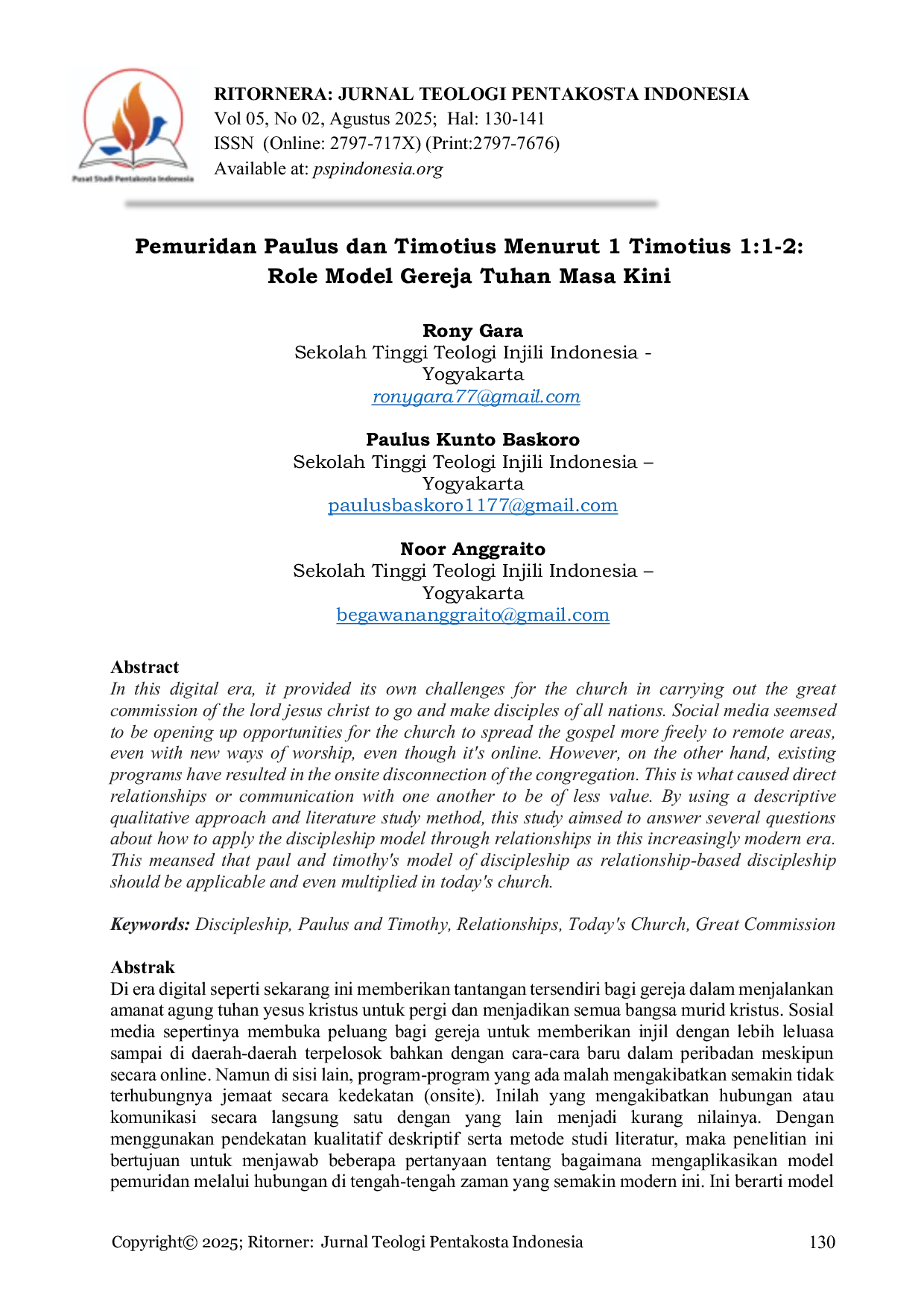 JURIS Pemuridan Paulus dan Timotius Menurut 1 Timotius 1 1 2 Role Model Gereja Tuhan Masa Kini