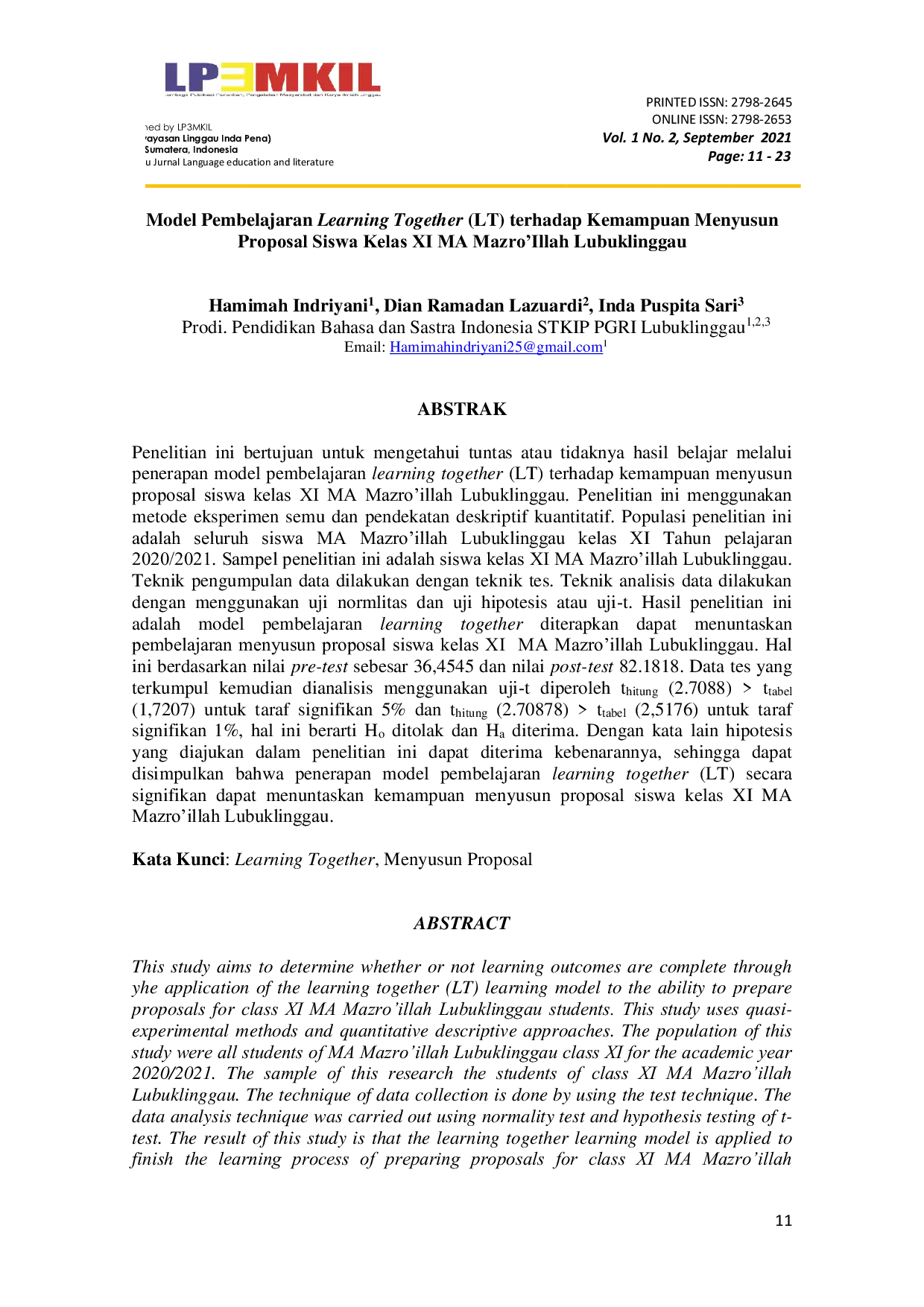 JURIS Penerapan Model Pembelajaran Learning Together LT terhadap Kemapuan Menyusun Proposal Siswa Kelas XI MA Mazro Illah Lubuklinggau