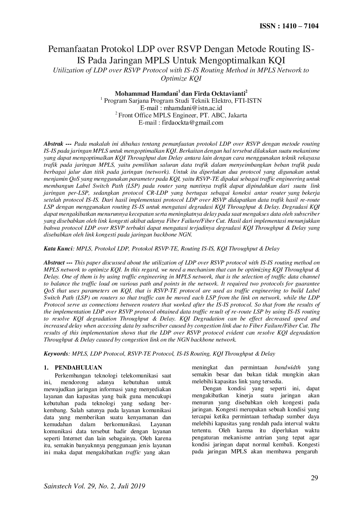 JURIS Pemanfaatan Protokol LDP over RSVP Dengan Metode Routing IS IS Pada Jaringan MPLS Untuk Mengoptimalkan KQI