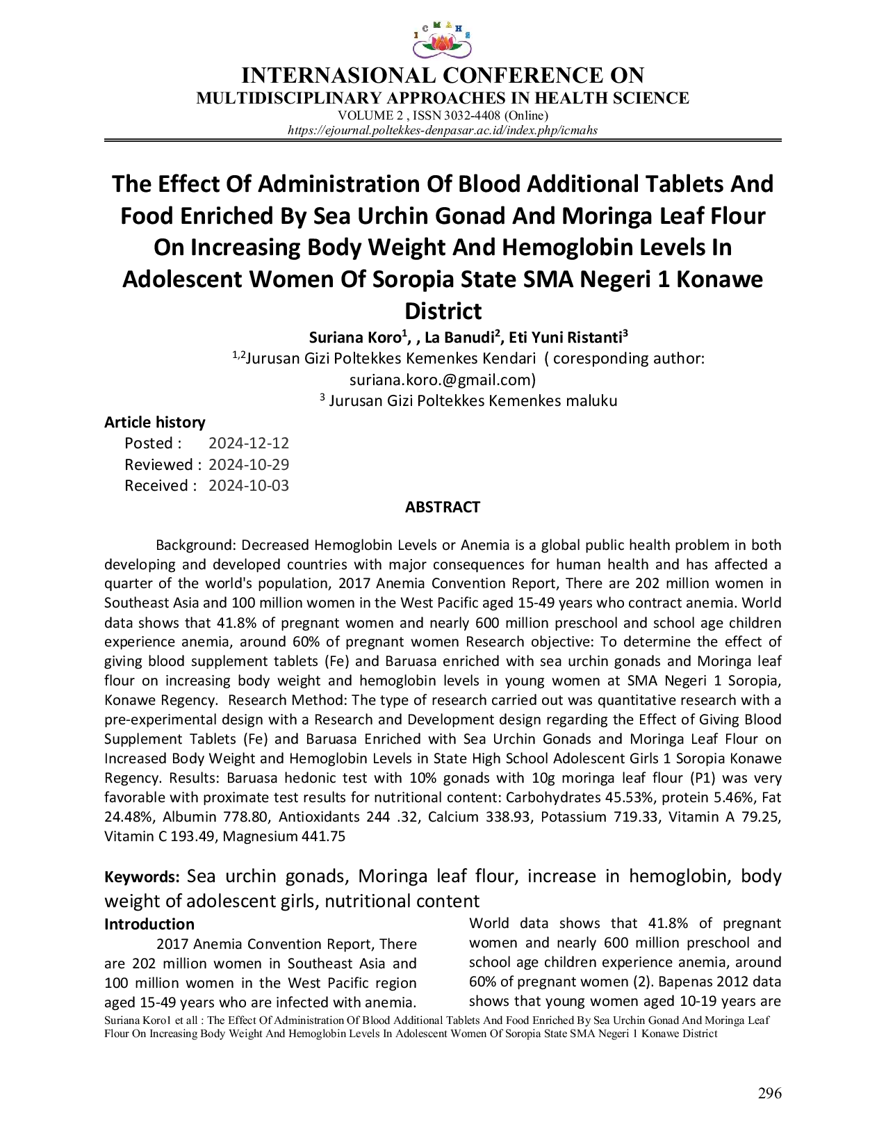 JURIS The Effect Of Administration Of Blood Additional Tablets And Food Enriched By Sea Urchin Gonad And Moringa Leaf Flour On Increasing Body Weight And Hemoglobin Levels In Adolescent Women Of Soropia Sta