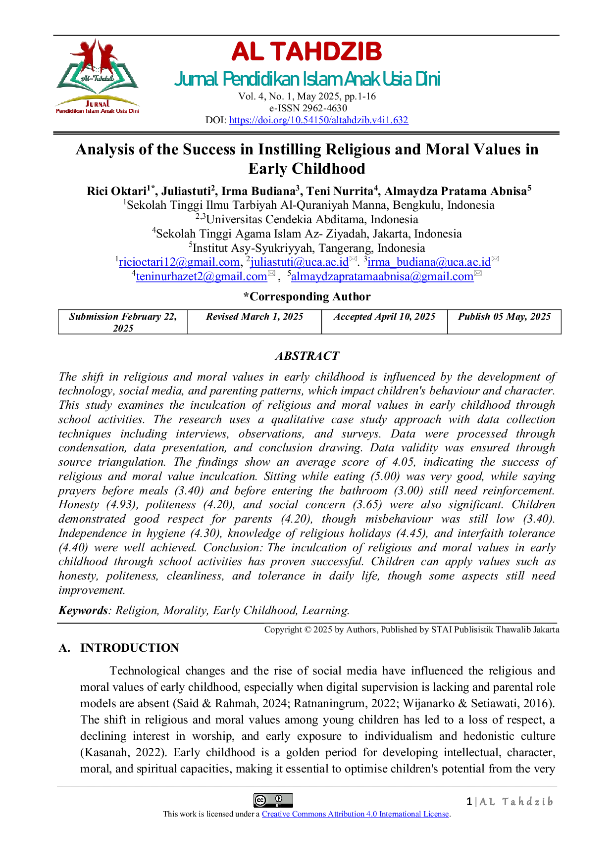 JURIS Analysis of the Success in Instilling Religious and Moral Values in Early Childhood