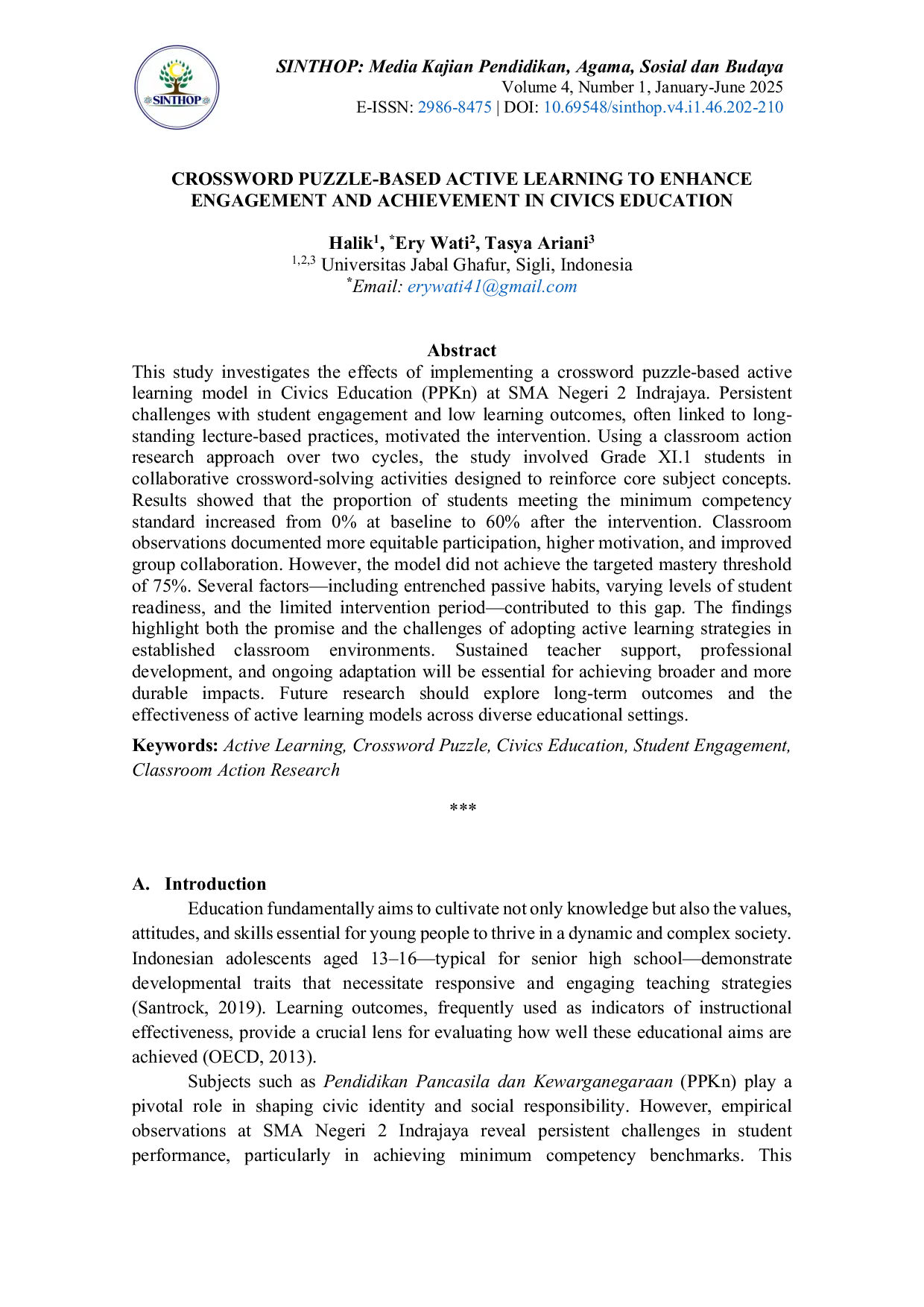 JURIS Crossword Puzzle Based Active Learning to Enhance Engagement and Achievement in Civics Education