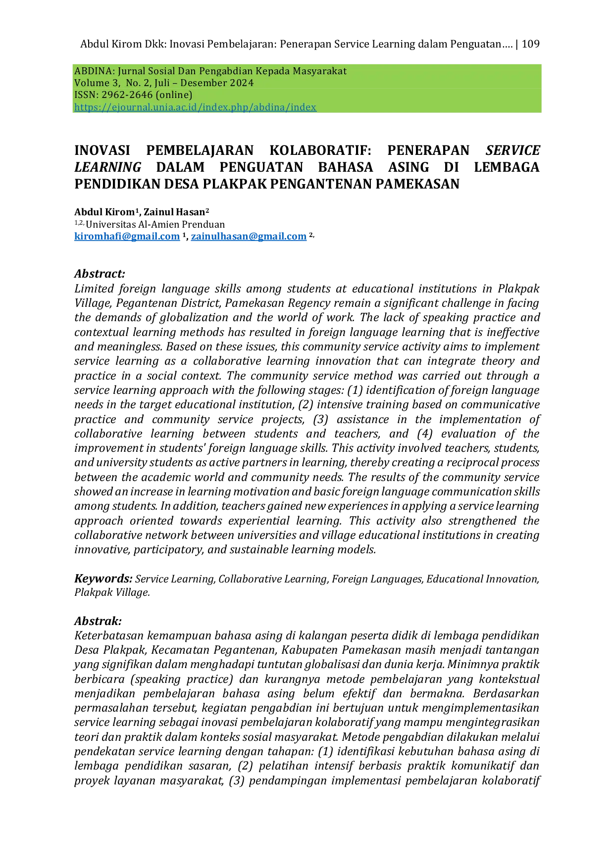 JURIS Inovasi Pembelajaran Kolaboratif Penerapan Service Learning dalam Penguatan Bahasa Asing di Lembaga Pendidikan Desa Plakpak Pengantenan Pamekasan