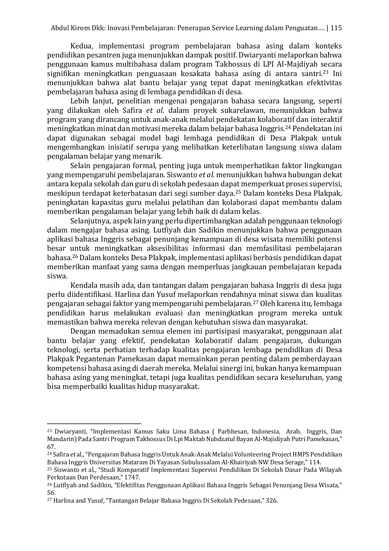 JURIS Inovasi Pembelajaran Kolaboratif Penerapan Service Learning dalam Penguatan Bahasa Asing di Lembaga Pendidikan Desa Plakpak Pengantenan Pamekasan