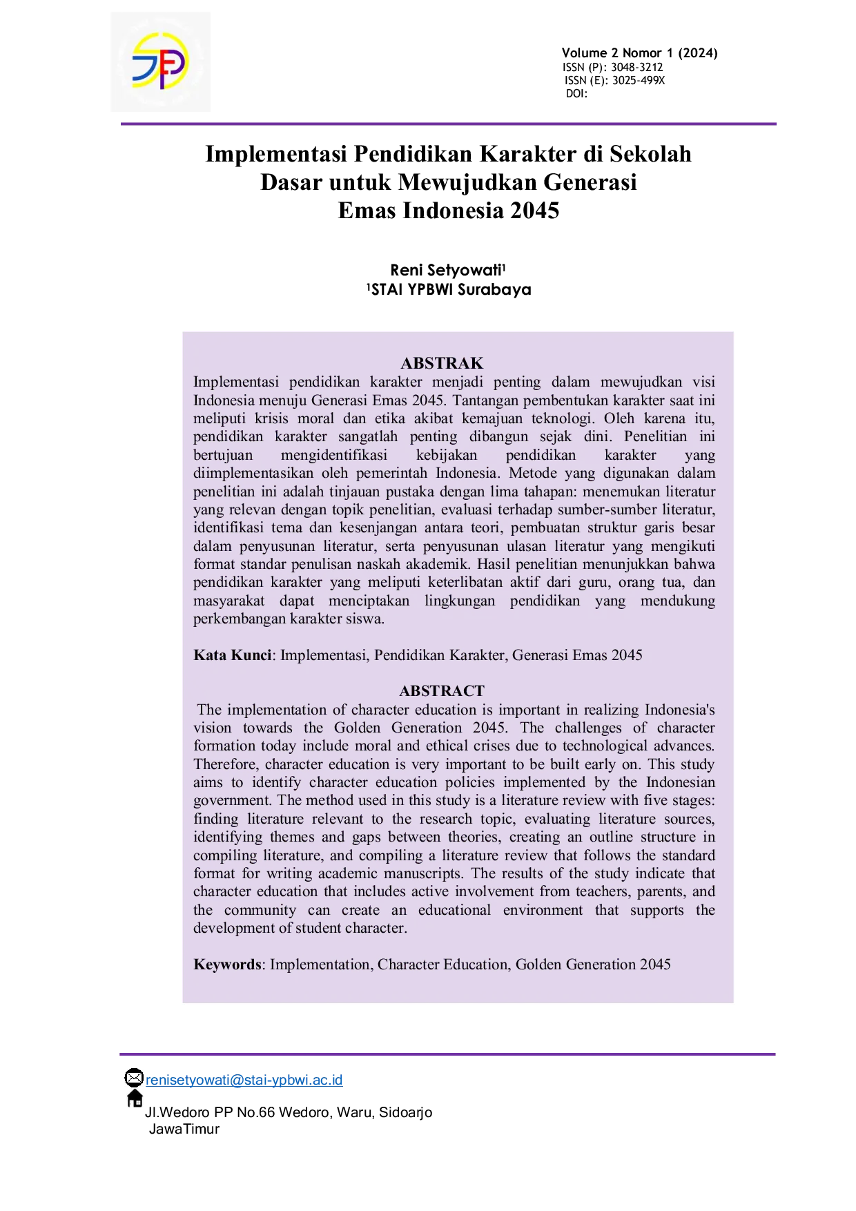 JURIS Implementasi Pendidikan Karakter di Sekolah Dasar untuk Mewujudkan Generasi Emas Indonesia 2045