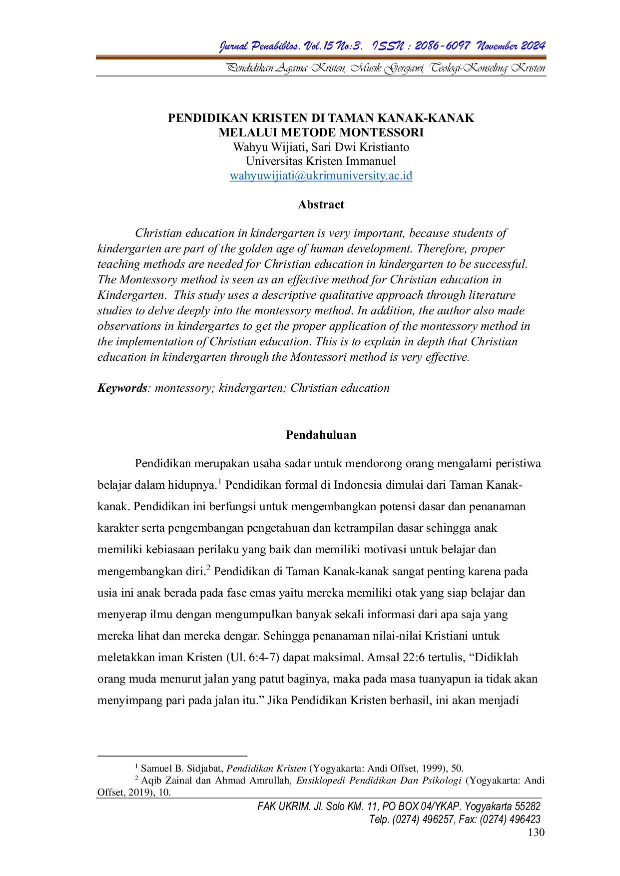 JURIS PENDIDIKAN KRISTEN DI TAMAN KANAK KANAK MELALUI METODE MONTESSORI