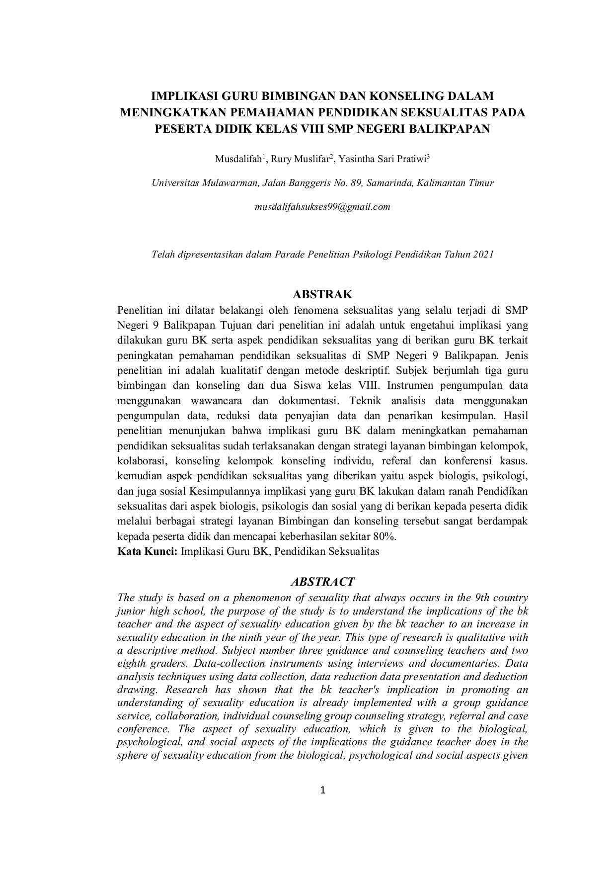 JURIS Implikasi Guru Bimbingan Dan Konseling Dalam Meningkatkan Pemahaman Pendidikan Seksualitas Pada Peserta Didik Kelas VIII Smp Negeri Balikpapan