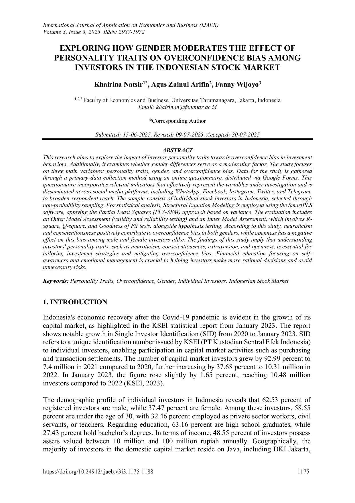 JURIS Exploring How Gender Moderates The Effect Of Personality Traits On Overconfidence Bias Among Investors In The Indonesian Stock Market