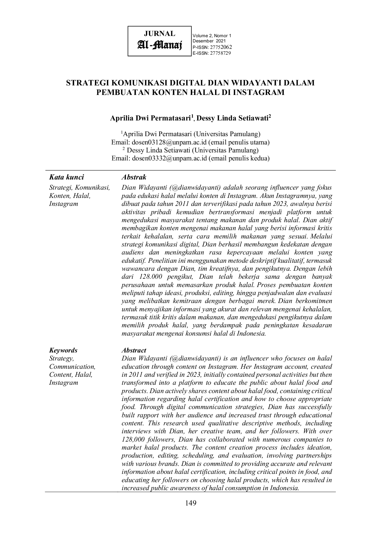 JURIS Strategi Komunikasi Digital Dian Widayanti dalam Pembuatan Konten Halal di Instagram