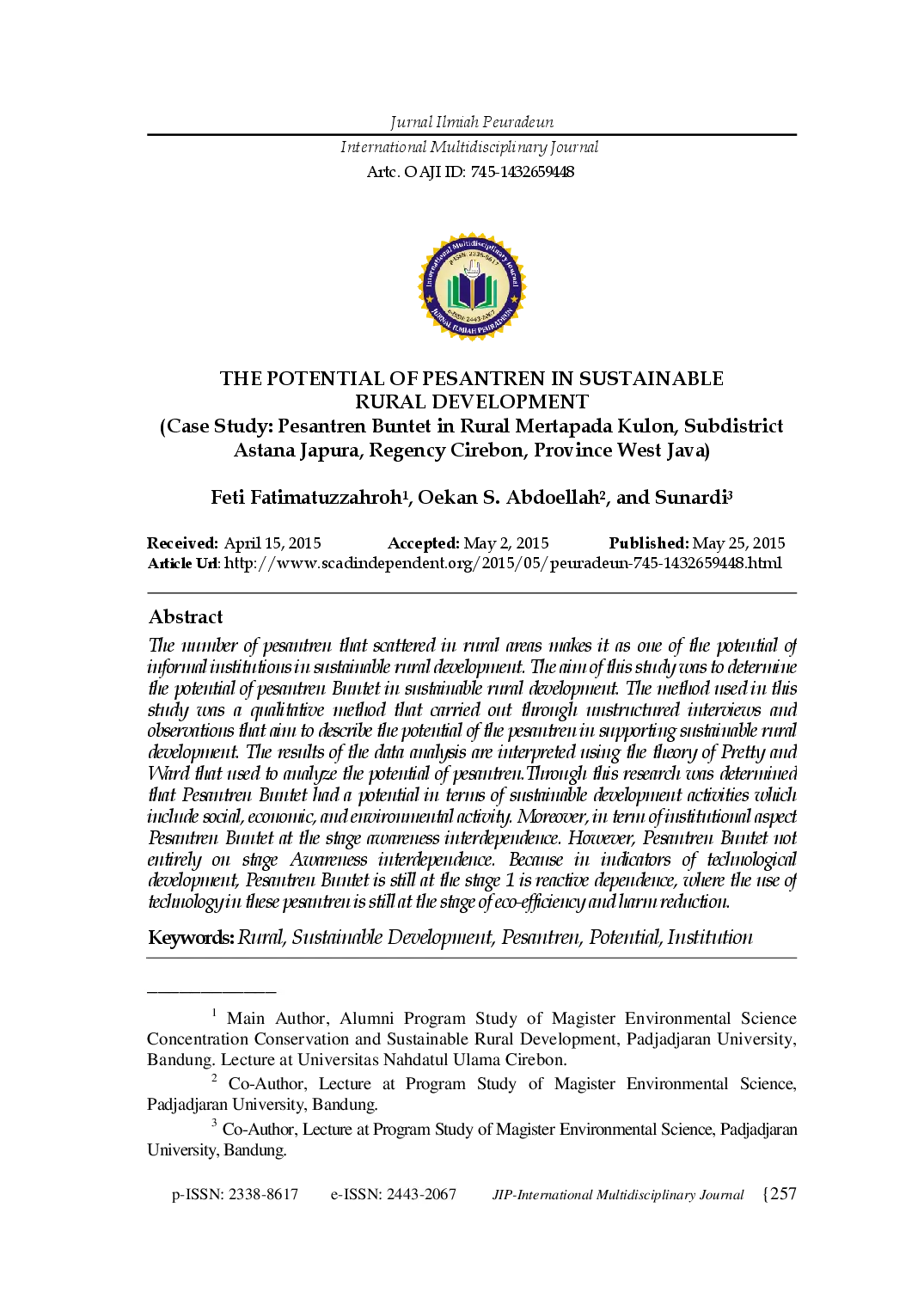 juris THE POTENTIAL OF PESANTREN IN SUSTAINABLE RURAL DEVELOPMENT Case Study Pesantren Buntet in Rural Mertapada Kulon Subdistrict Astana Japura Regency Cirebon Province West Java