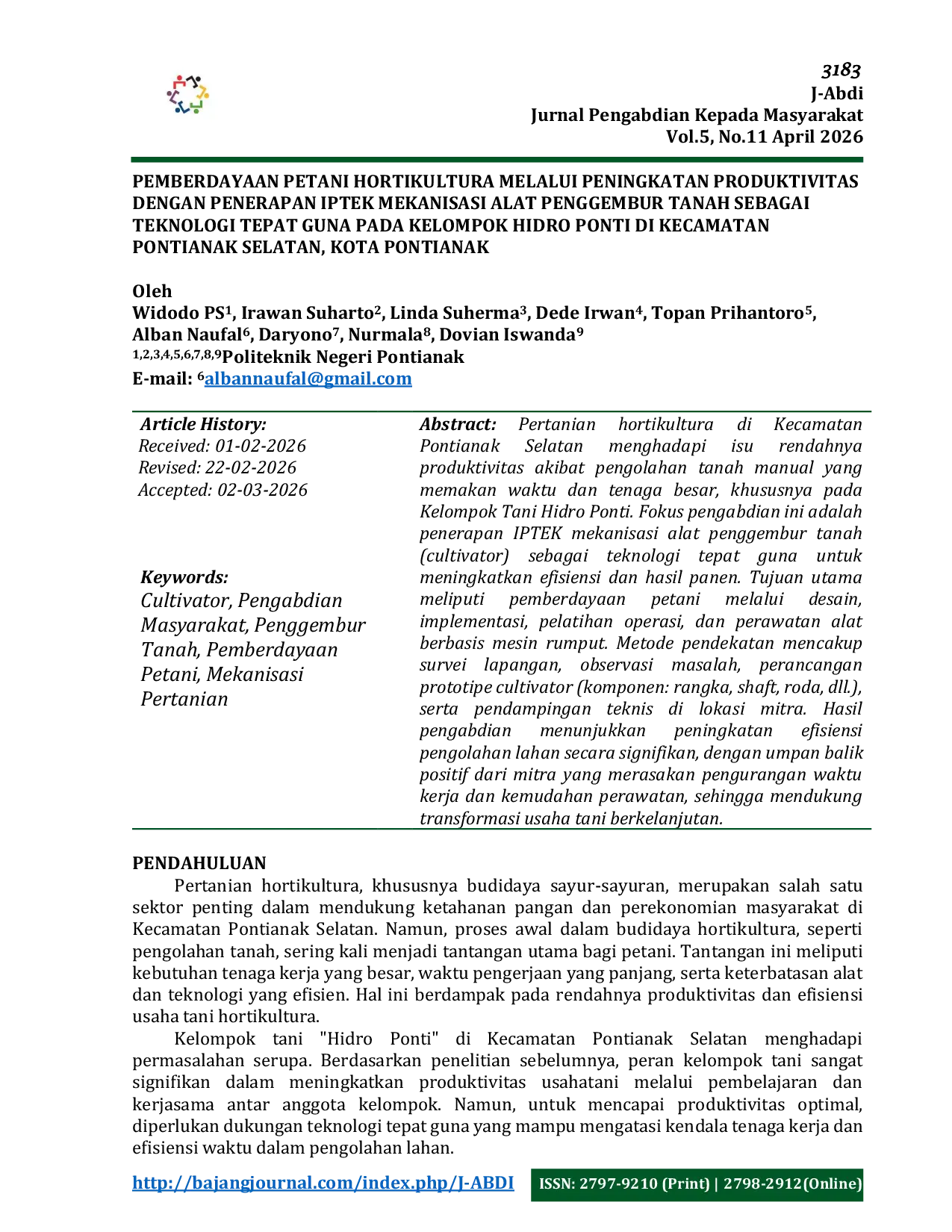 JURIS Pemberdayaan Petani Hortikultura Melalui Peningkatan Produktivitas Dengan Penerapan Iptek Mekanisasi Alat Penggembur Tanah Sebagai Teknologi Tepat Guna Pada Kelompok Hidro Ponti Di Kecamatan Pontianak