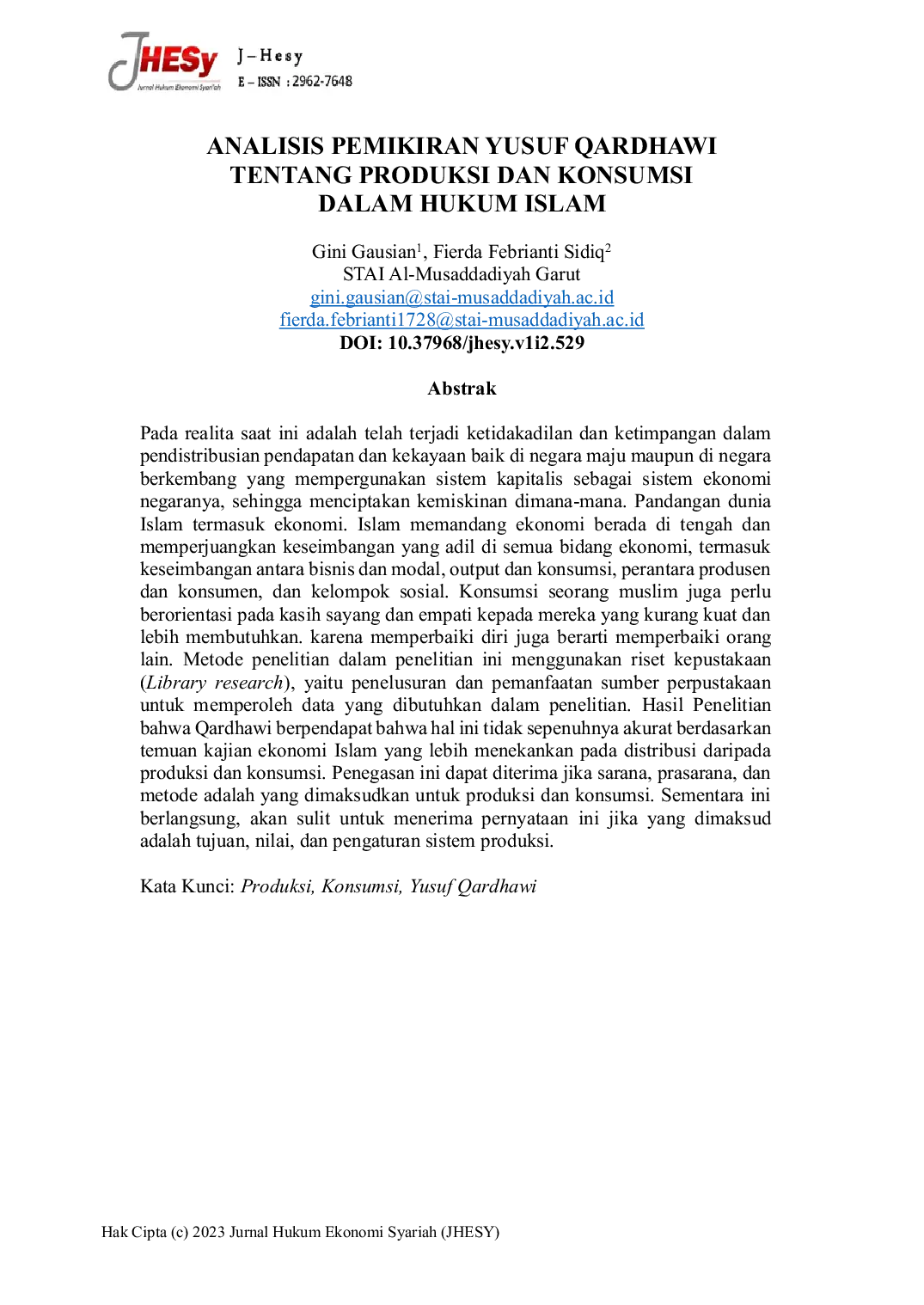 JURIS Analisis Yusuf Qardhawi Tentang Produksi dan Konsumsi Dalam Hukum Islam