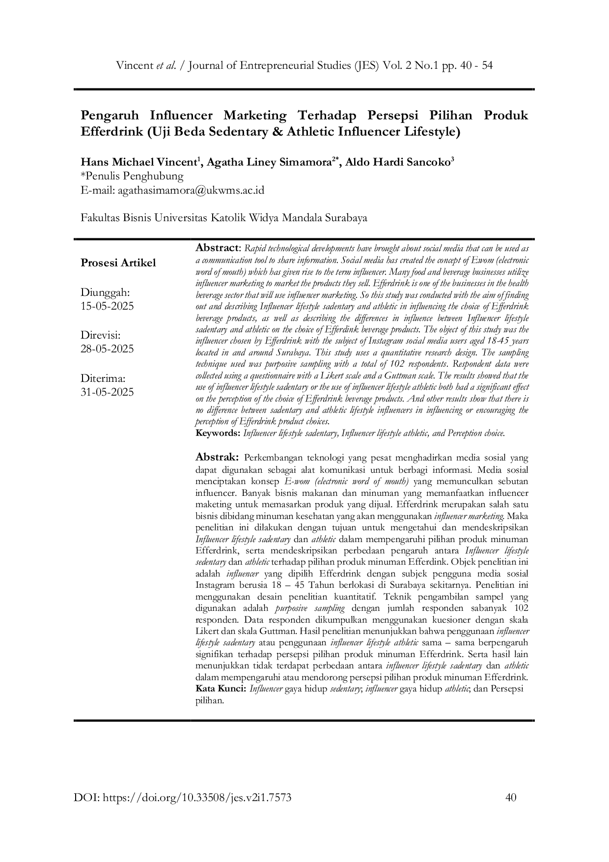 JURIS Pengaruh Influencer Marketing Terhadap Persepsi Pilihan Produk Efferdrink Uji Beda Sedentary Athletic Influencer Lifestyle