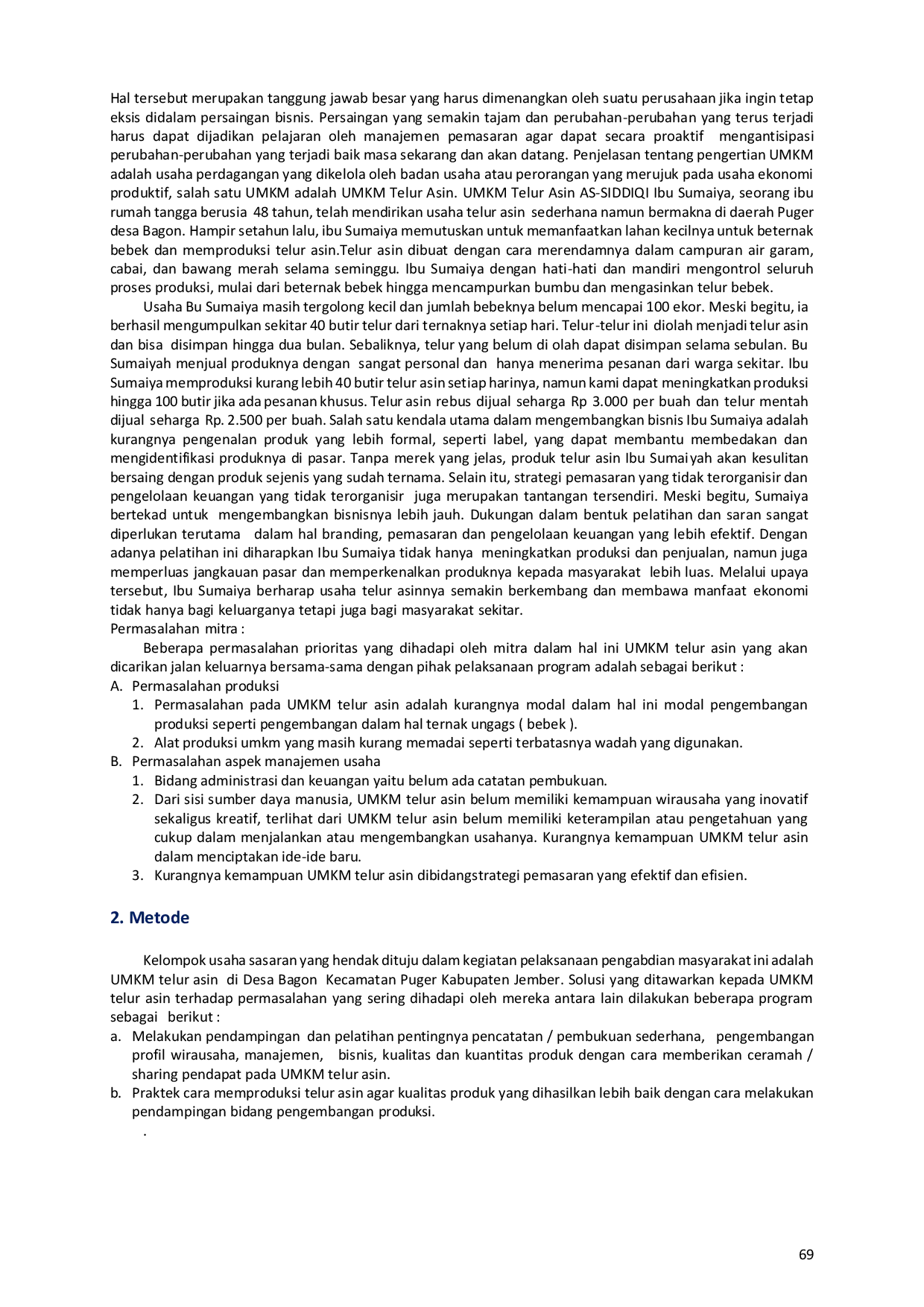 JURIS Pendampingan Strategi Pemasaran Umkm Telur Asin As Siddiqi Guna Meningkatkan Omset Penjualan di Desa Bagon Kecamatan Puger Kabupaten Jember