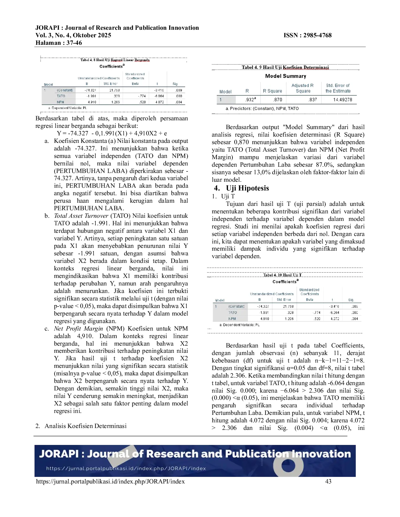 JURIS Pengaruh Total Asset Turnover Dan Net Profit Margin Terhadap Pertumbuhan Laba Pada Pt Bisi Internasional Tbk Periode 2014 2024