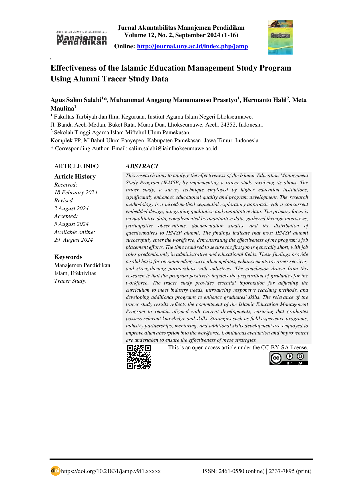 JURIS Effectiveness of the Islamic Education Management Study Program Using Alumni Tracer Study Data