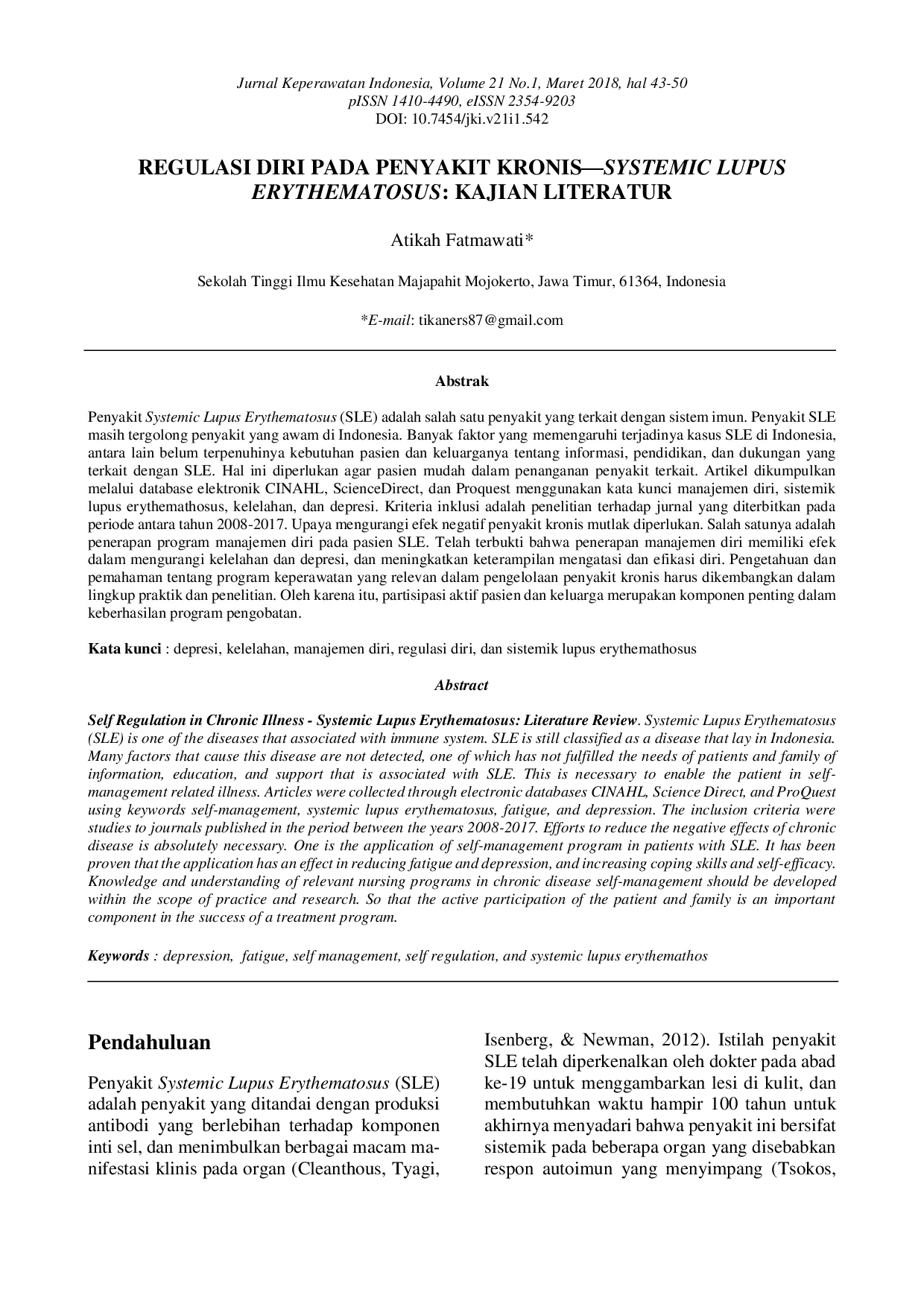 juris Regulasi Diri Pada Penyakit Kronis Systemic Lupus Erythematosus Kajian Literatur