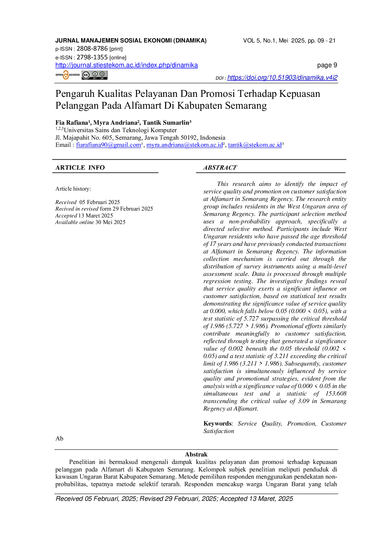 JURIS Pengaruh Kualitas Pelayanan Dan Promosi Terhadap Kepuasan Pelanggan Pada Alfamart Di Kabupaten Semarang