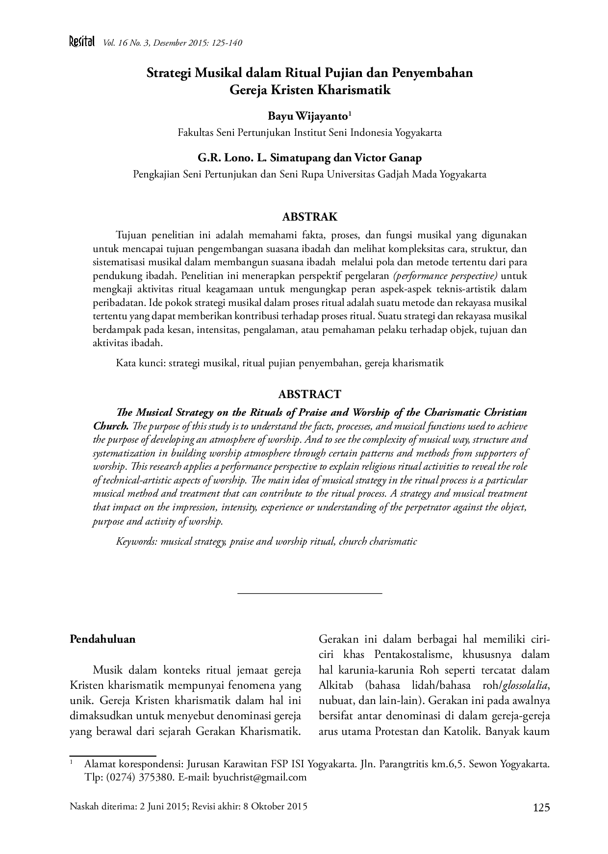 juris Strategi Musikal dalam Ritual Pujian dan Penyembahan Gereja Kristen Kharismatik