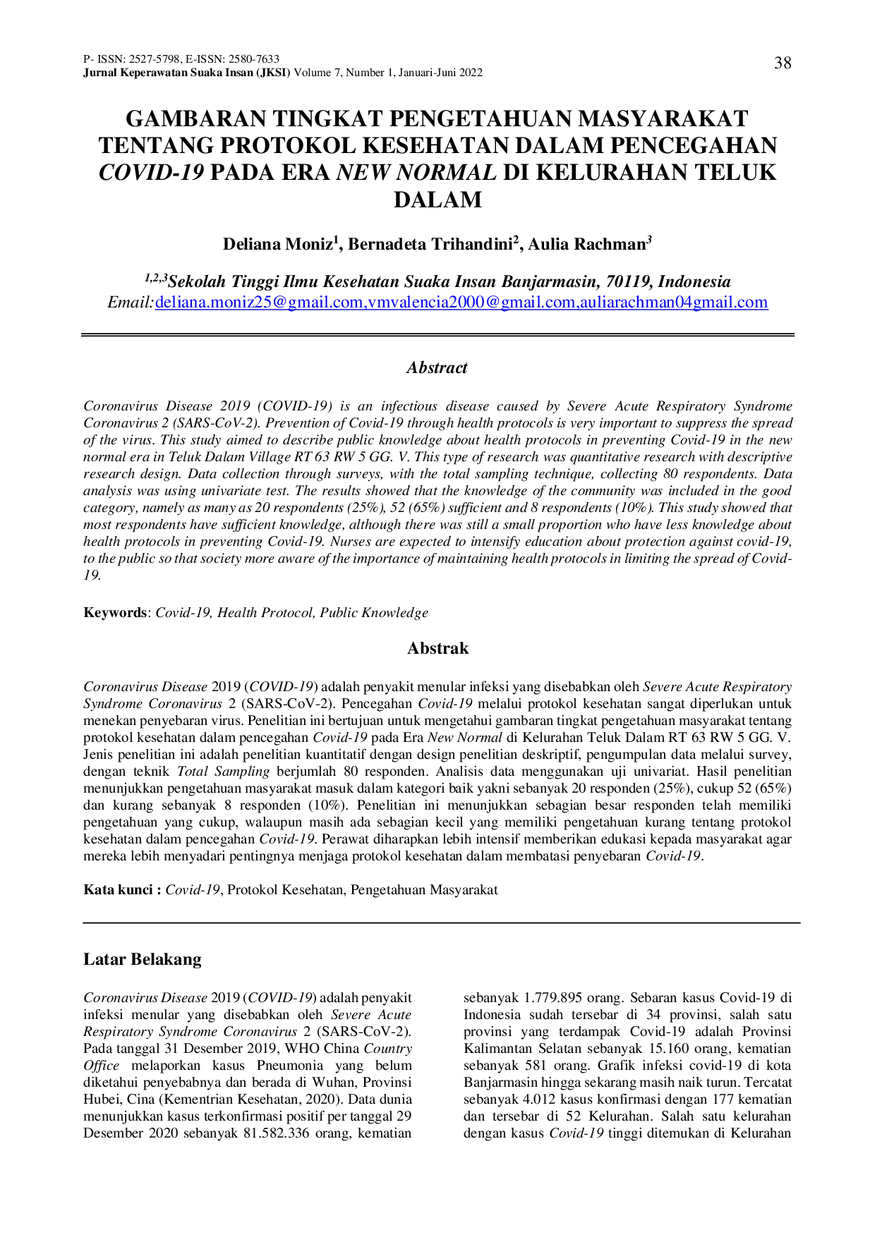 JURIS Gambarannya Tingkat Pengetahuan Masyarakat Tentang Protokol Kesehatan Dalam Pencegahan Covid 19 Pada Era New Normal Di Kelurahan Teluk Dalam
