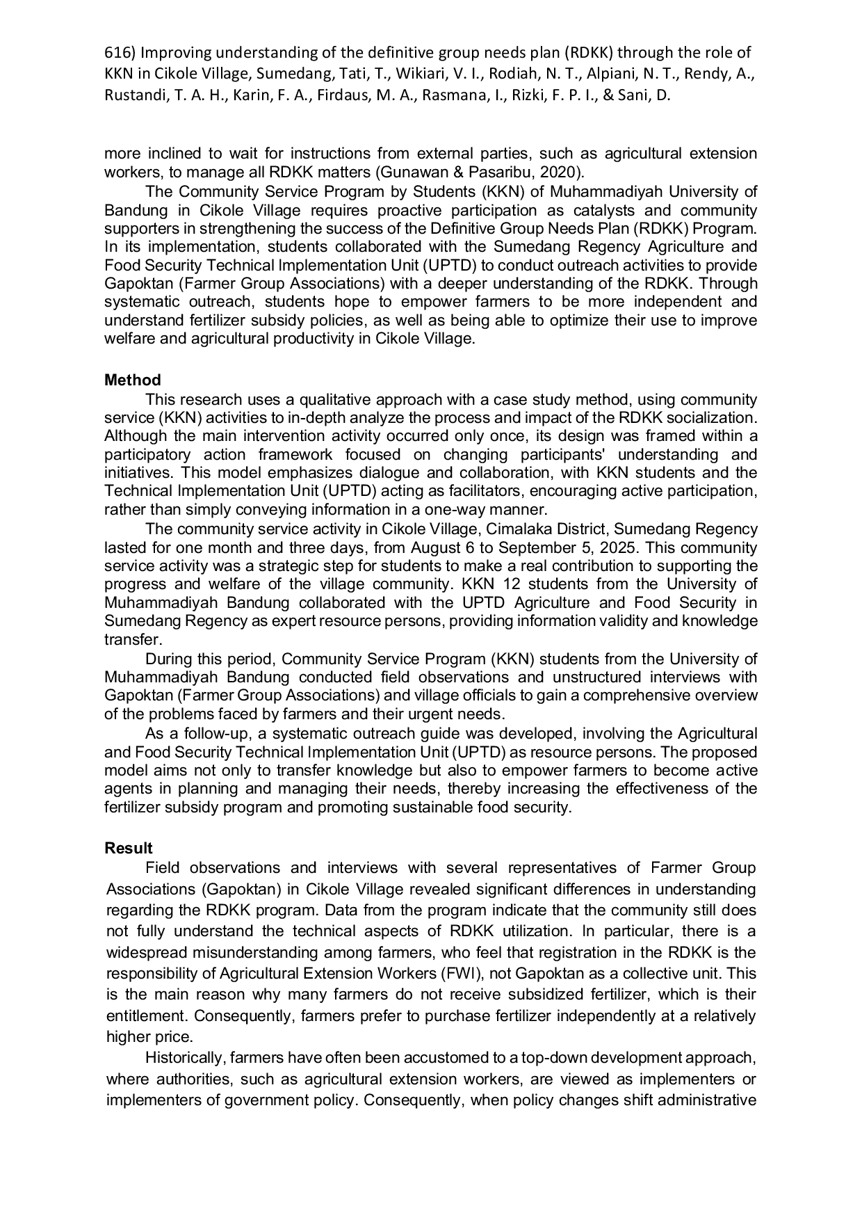 JURIS Improving Understanding of the Definitive Group Needs Plan RDKK Through the Role of KKN in Cikole Village Sumedang