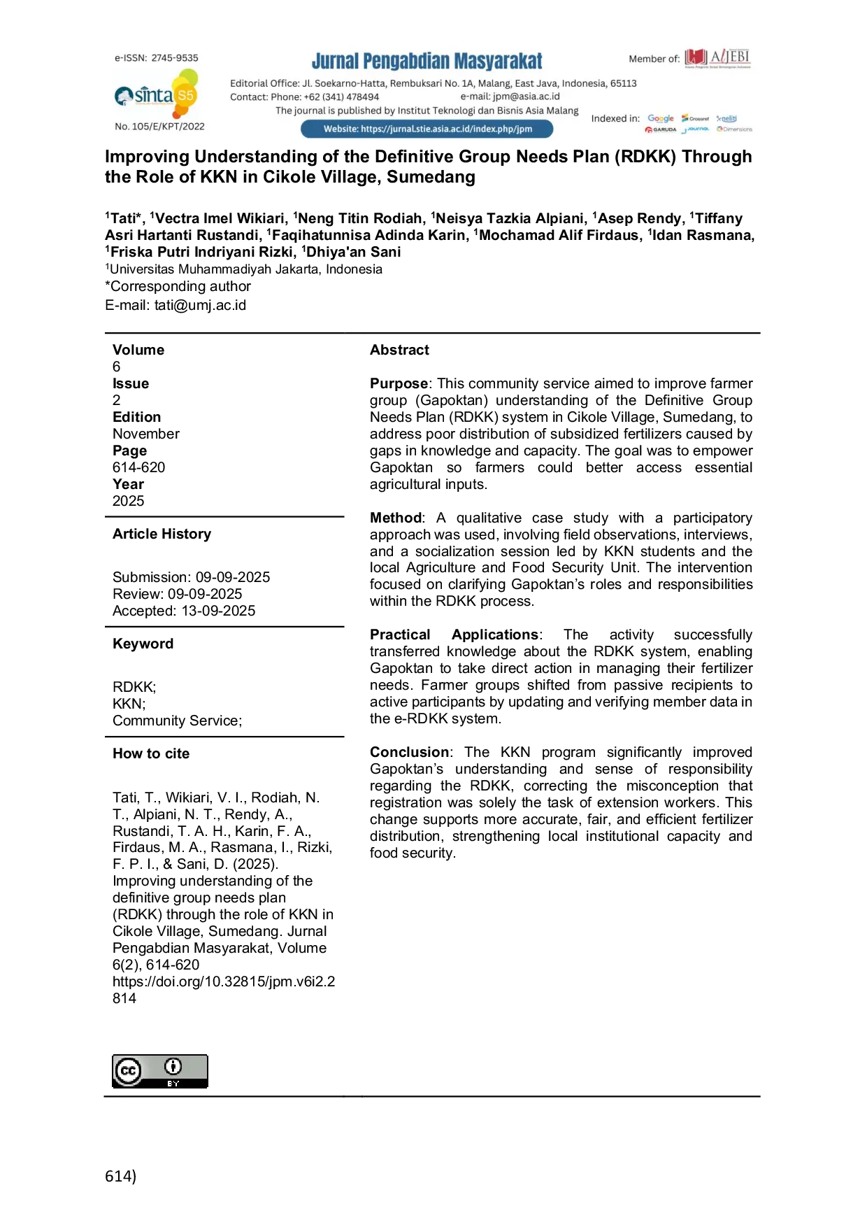 JURIS Improving Understanding of the Definitive Group Needs Plan RDKK Through the Role of KKN in Cikole Village Sumedang