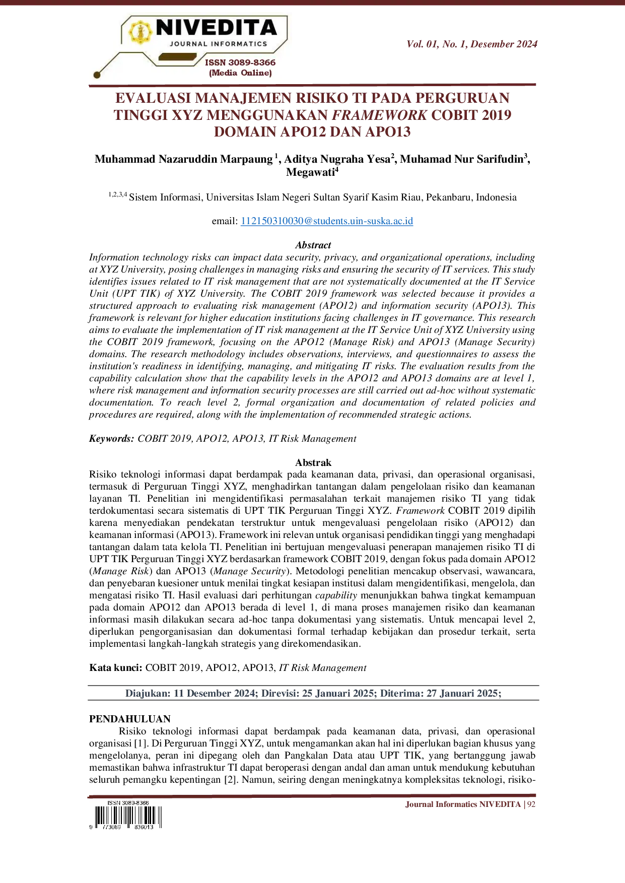 juris Evaluasi Manajemen Risiko TI Pada Perguruan Tinggi XYZ Menggunakan Framework Cobit 2019 Domain APO12 dan APO13