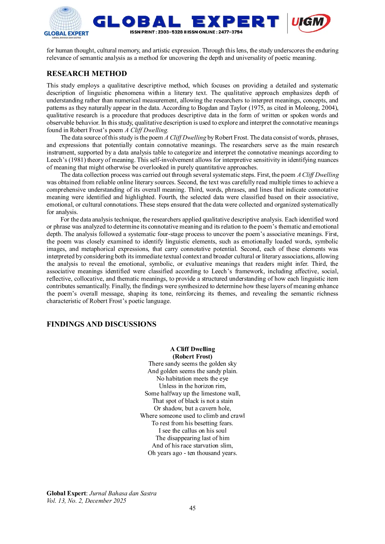 JURIS Semantic Perspectives on Connotative Meaning in Robert Frost s Poem A Cliff Dwelling