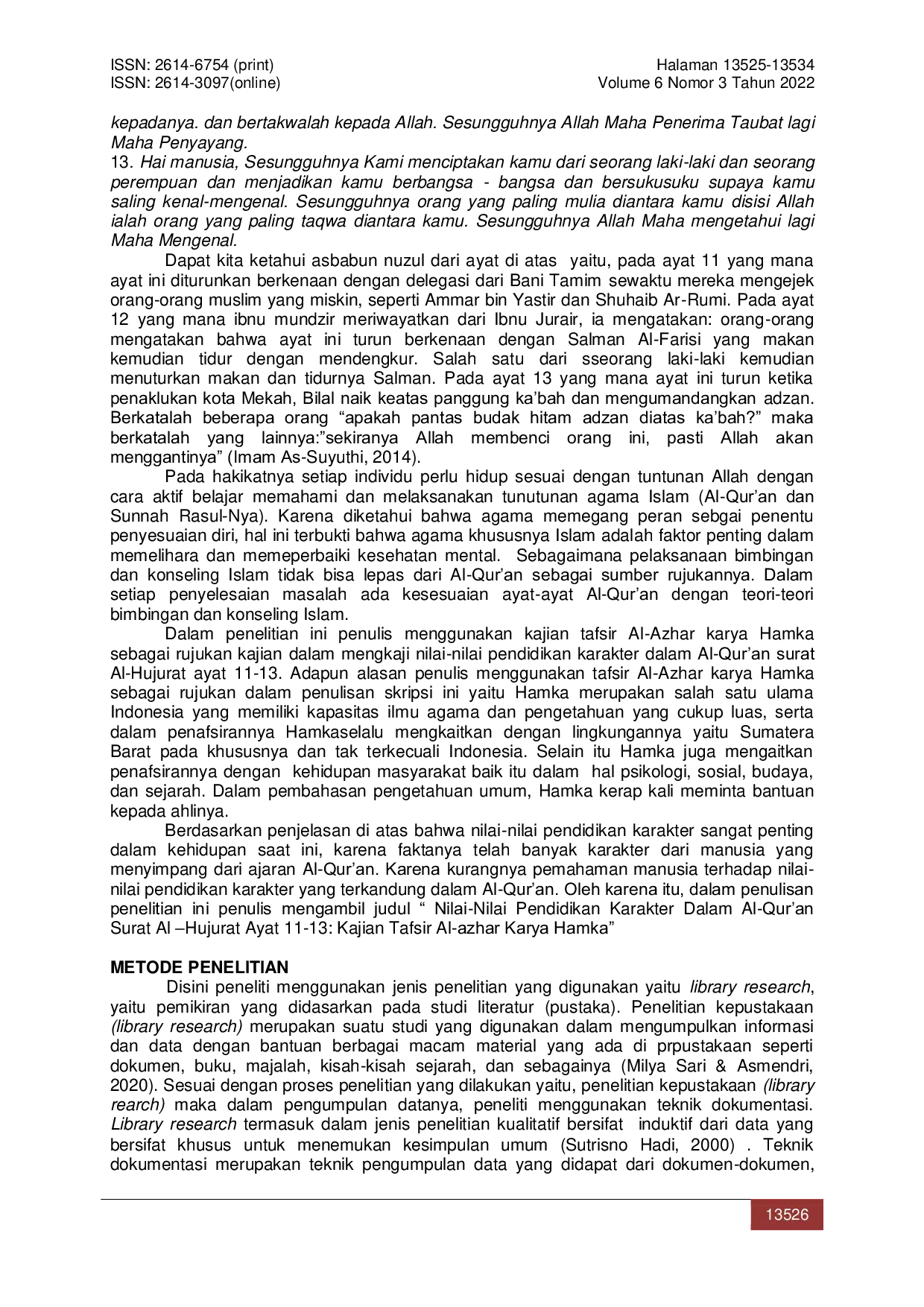 JURIS Nilai Nilai Pendidikan Karakter dalam Al Qur an Surat Al Hujurat Ayat 11 13 Kajian Tafsir Al Azhar Karya Hamka