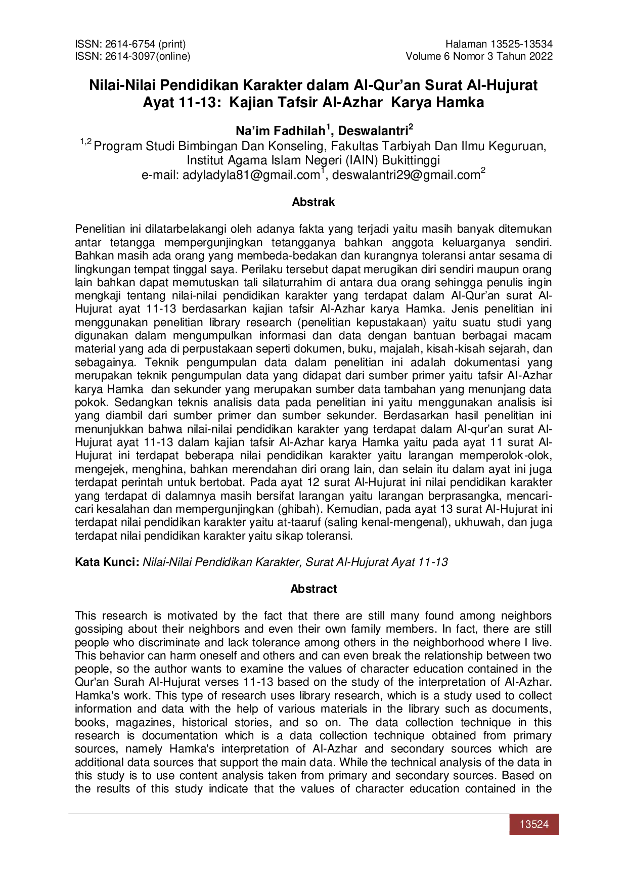 JURIS Nilai Nilai Pendidikan Karakter dalam Al Qur an Surat Al Hujurat Ayat 11 13 Kajian Tafsir Al Azhar Karya Hamka