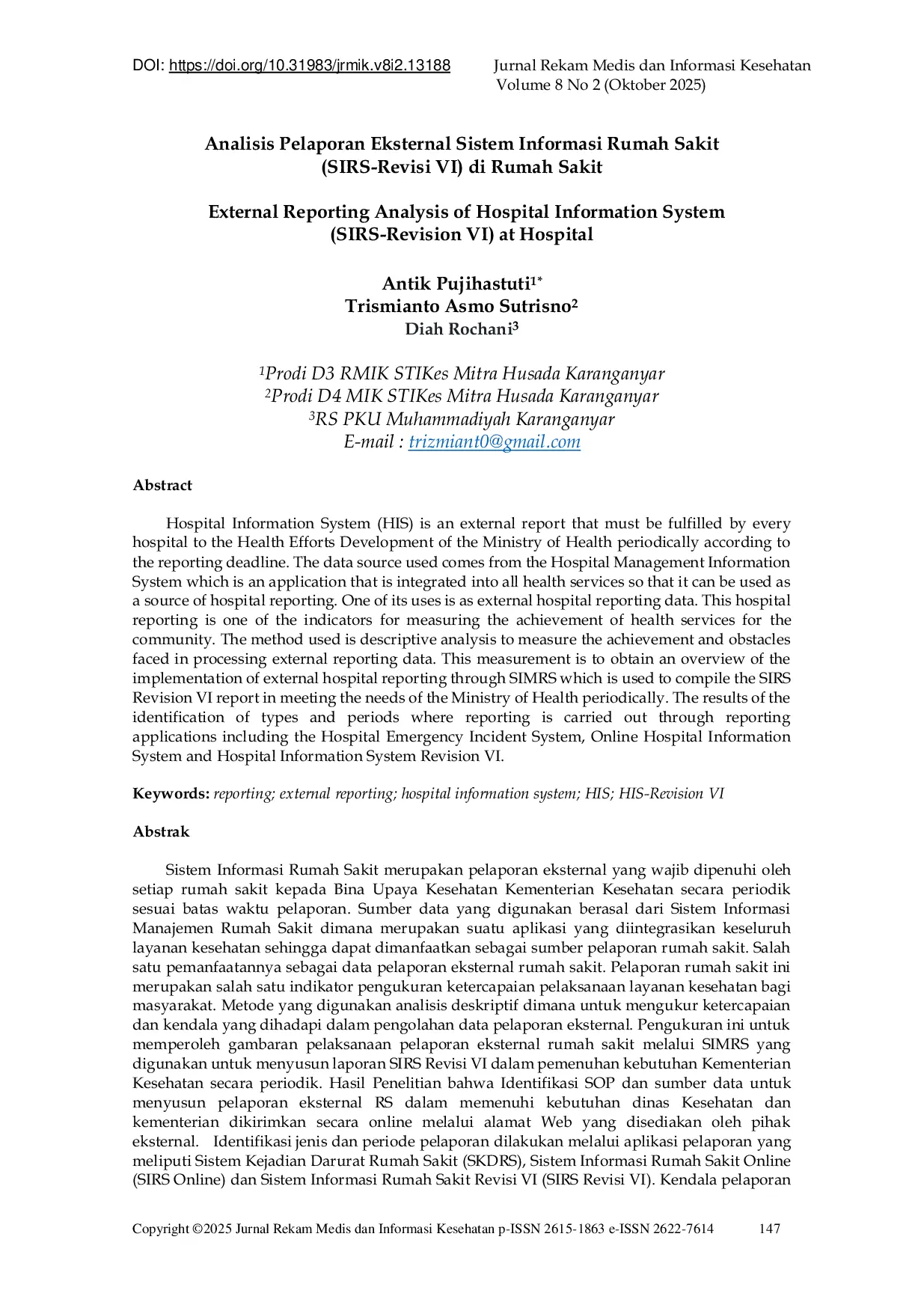 JURIS External Reporting Analysis of Hospital Information System SIRS Revision VI at Hospital