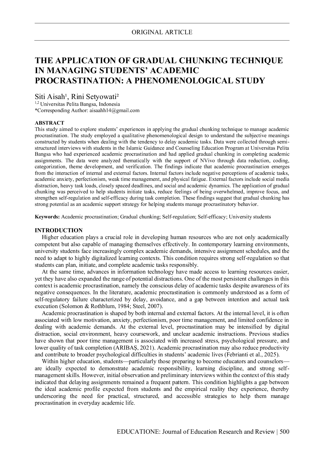 JURIS The Application of Gradual Chunking Technique in Managing Students Academic Procrastination A Phenomenological Study