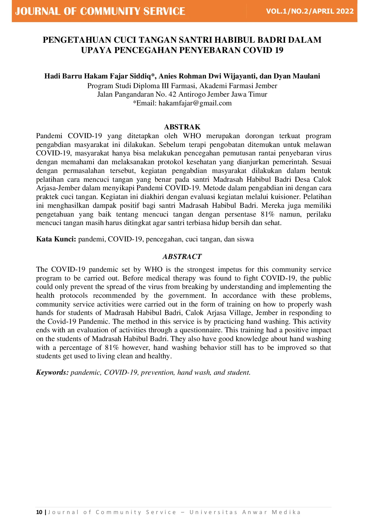 JURIS Pengetahuan Cuci Tangan Santri Habibul Badri Dalam Upaya Pencegahan Penyebaran Covid 19