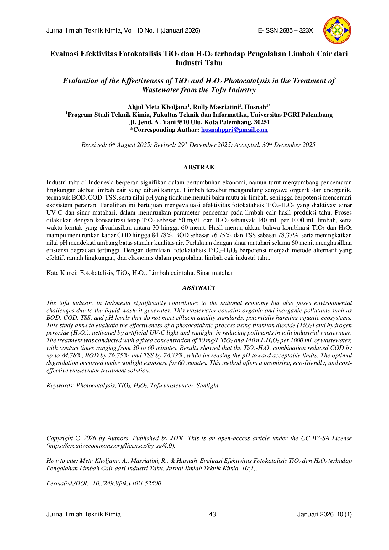 JURIS Evaluasi Efektivitas Fotokatalisis TiOCC dan HCCOCC terhadap Pengolahan Limbah Cair dari Industri Tahu