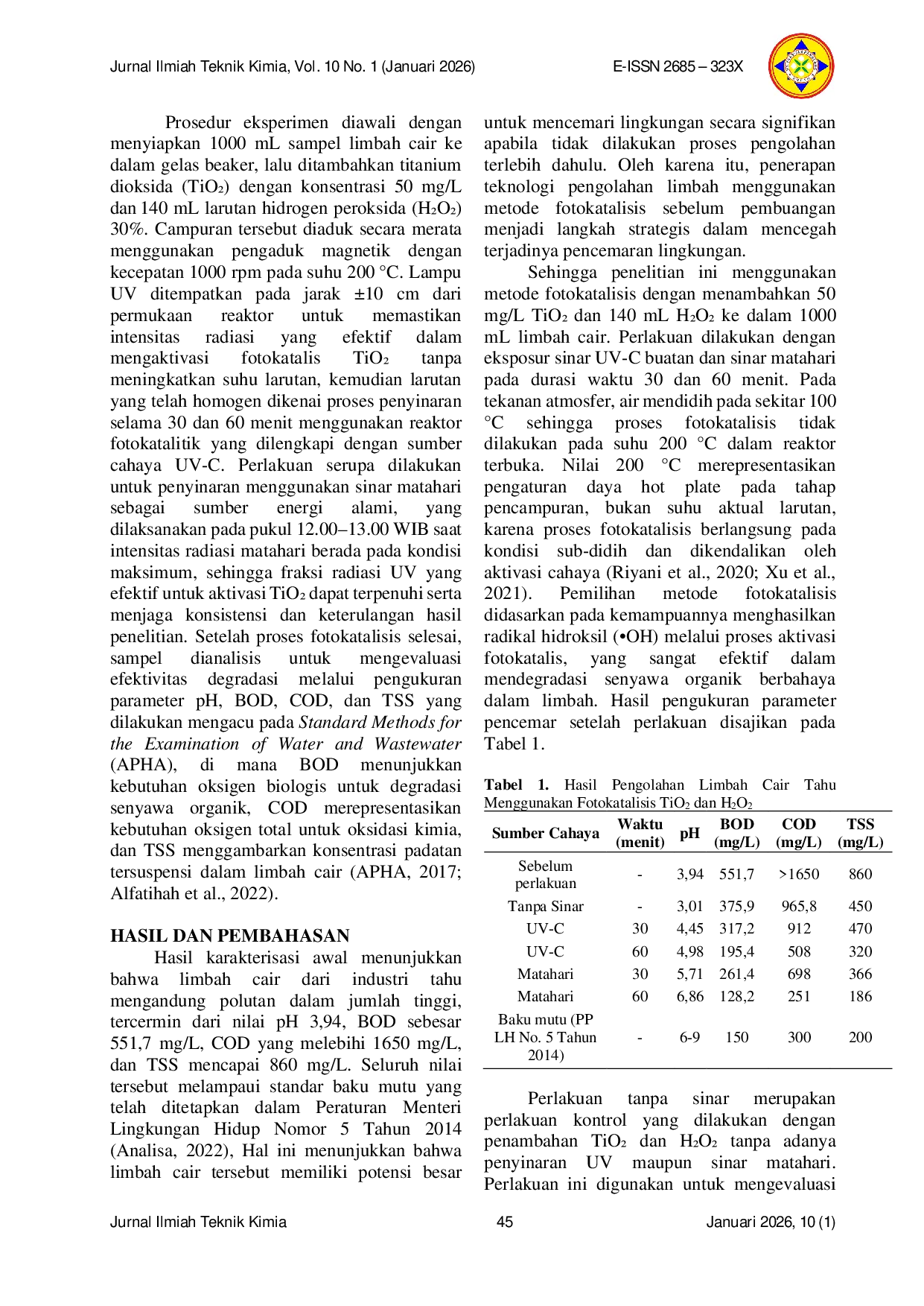 JURIS Evaluasi Efektivitas Fotokatalisis TiOCC dan HCCOCC terhadap Pengolahan Limbah Cair dari Industri Tahu