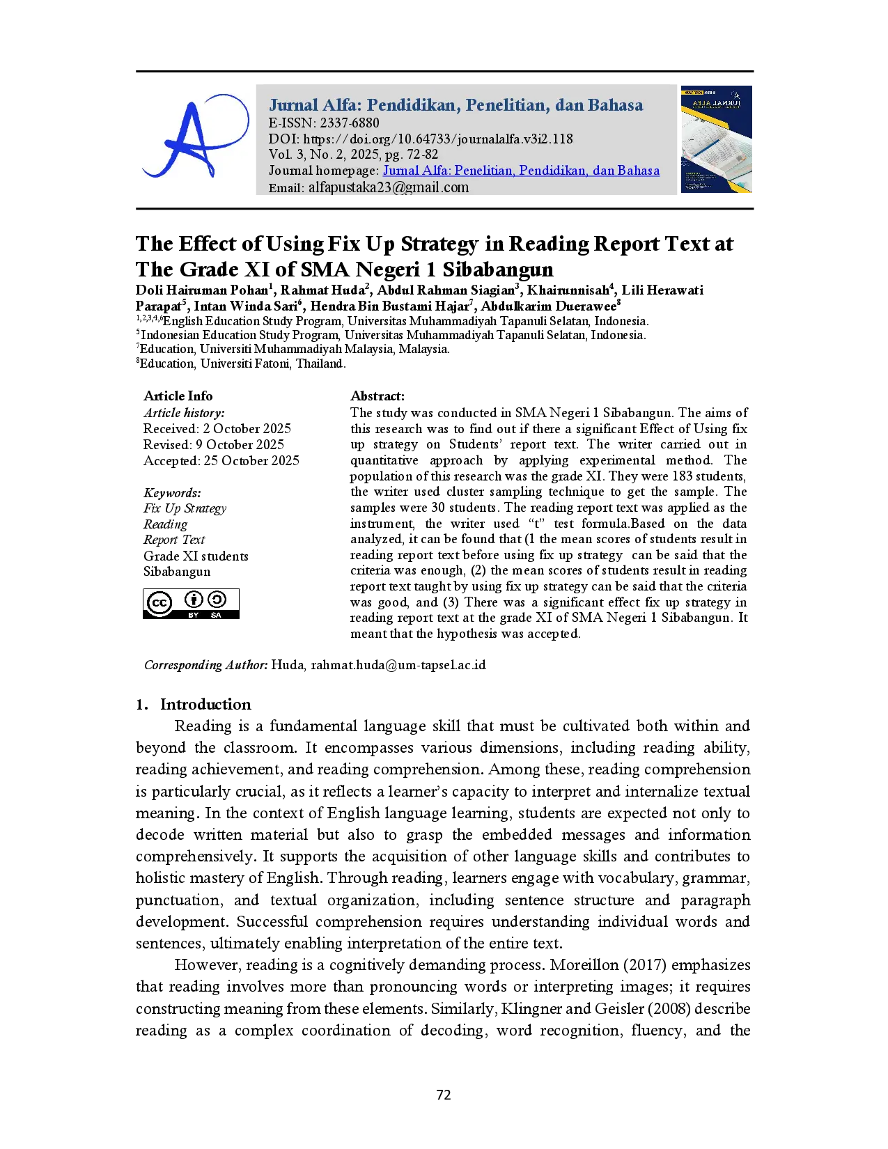 juris The Effect of Using Fix Up Strategy in Reading Report Text at The Grade XI of SMA Negeri 1 Sibabangun
