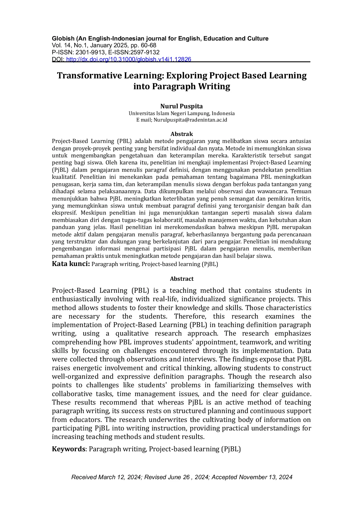 JURIS Transformative Learning Exploring Project Based Learning into Paragraph Writing
