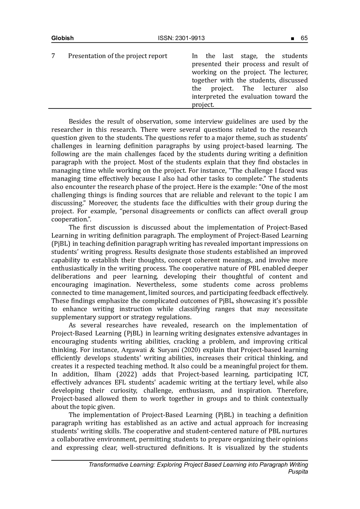 JURIS Transformative Learning Exploring Project Based Learning into Paragraph Writing