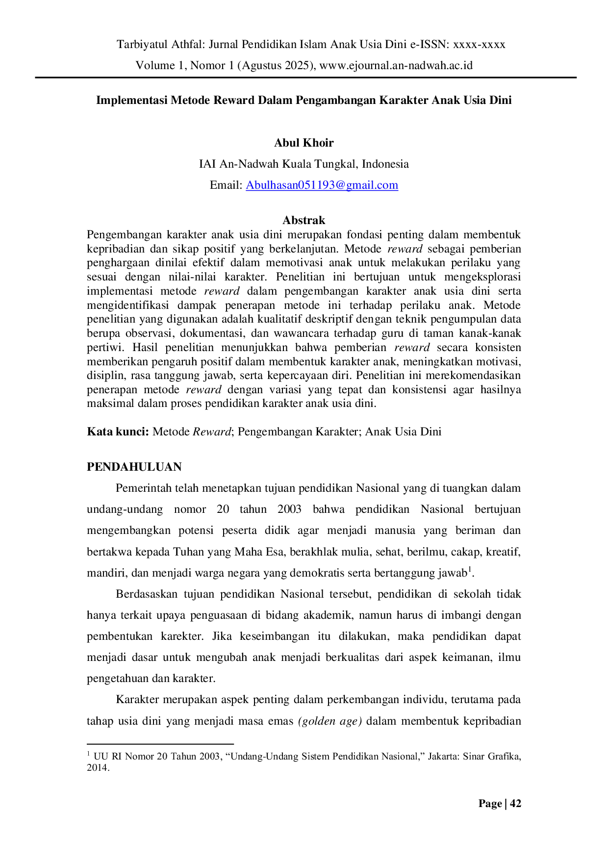 JURIS Implementasi Metode Reward Dalam Pengambangan Karakter Anak Usia Dini