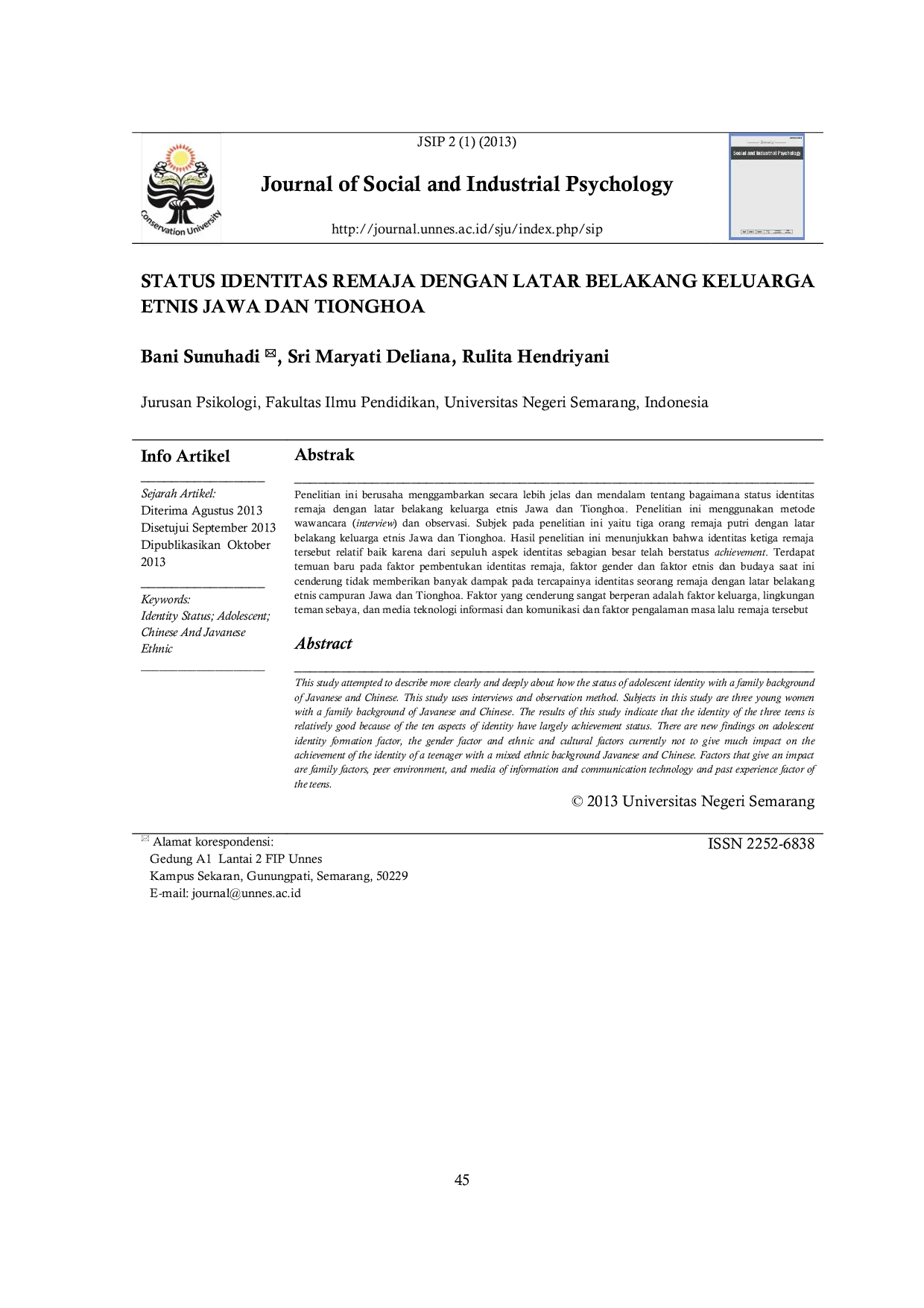 JURIS Status Identitas Remaja Dengan Latar Belakang Keluarga Etnis Jawa Dan Tionghoa