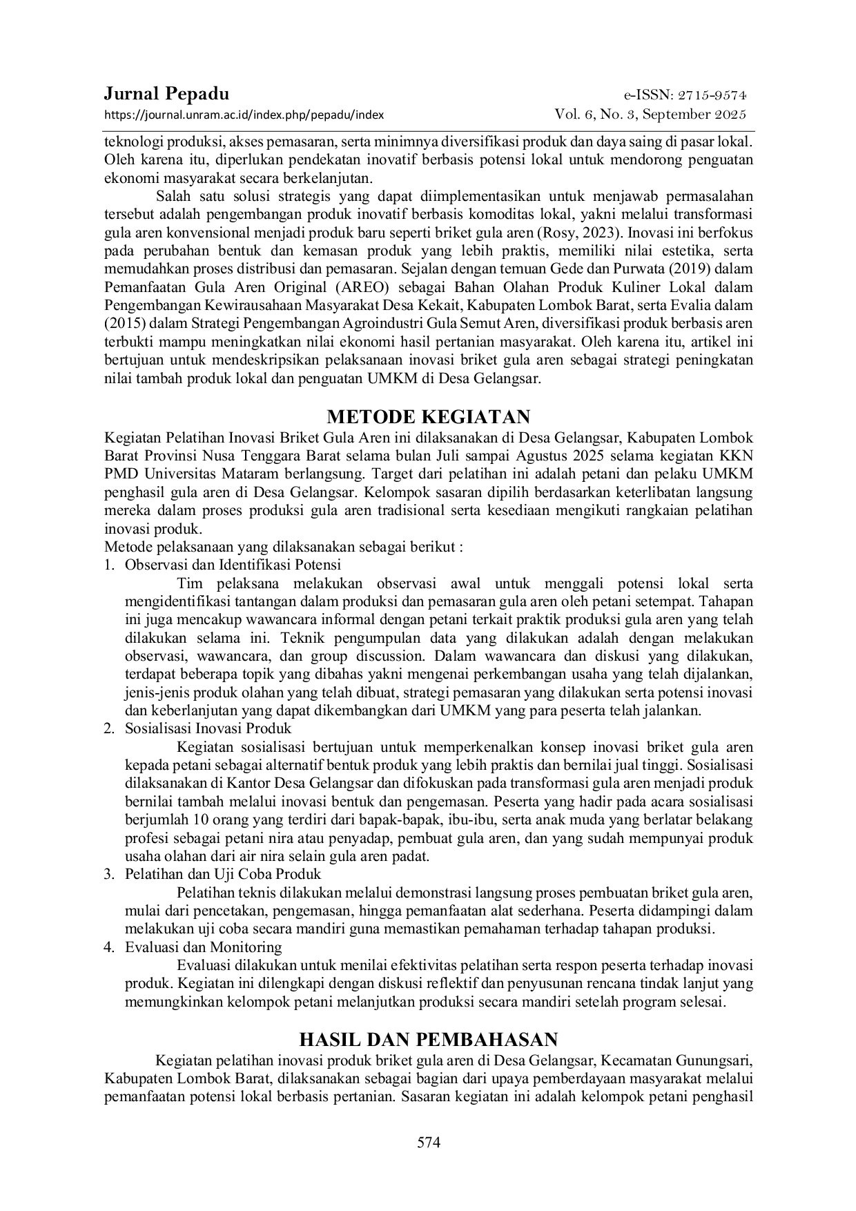 JURIS Inovasi Briket Gula Aren Sebagai Upaya Peningkatan Nilai Tambah Produk Lokal dan Penguatan UMKM di Desa Gelangsar