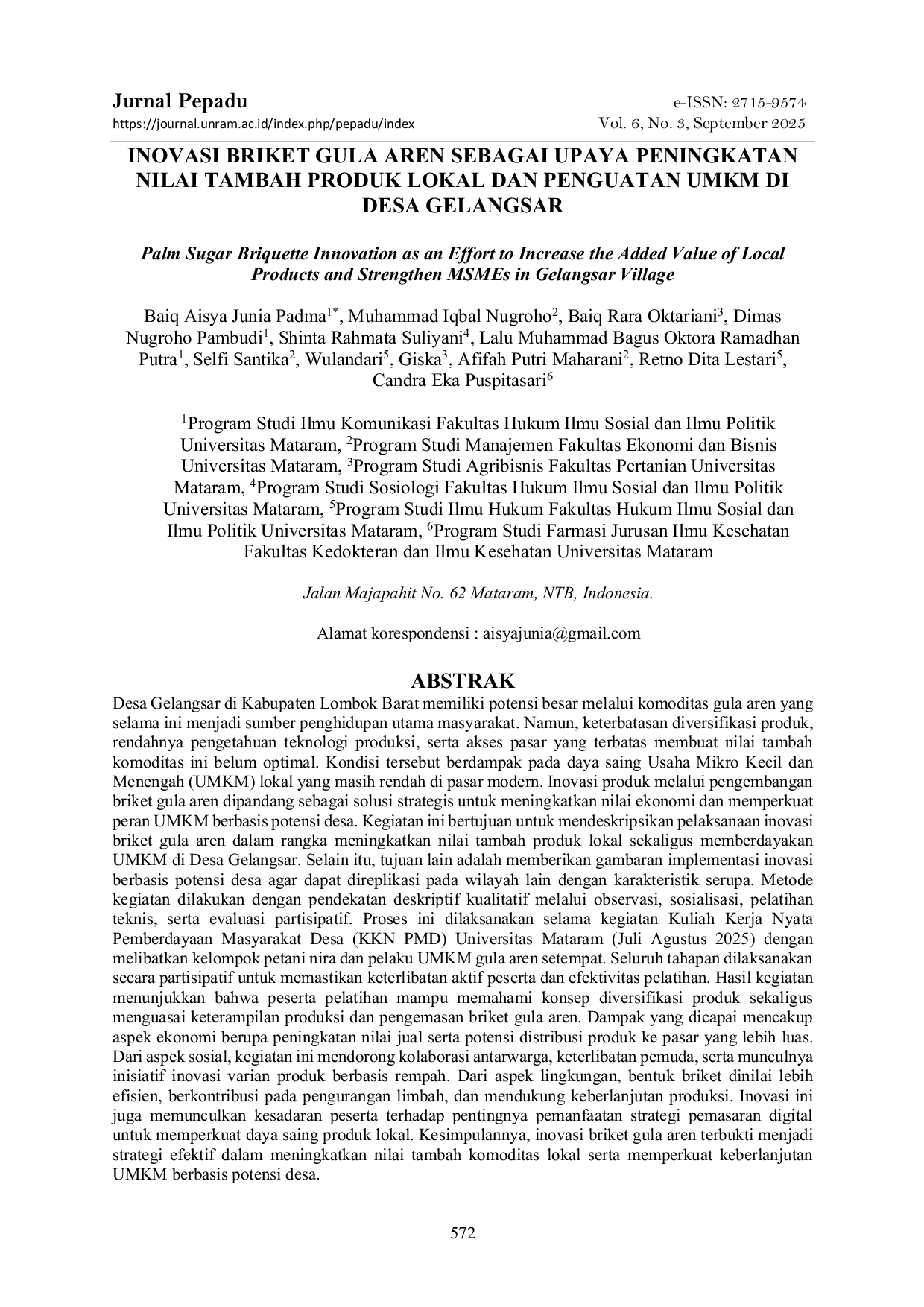 JURIS Inovasi Briket Gula Aren Sebagai Upaya Peningkatan Nilai Tambah Produk Lokal dan Penguatan UMKM di Desa Gelangsar
