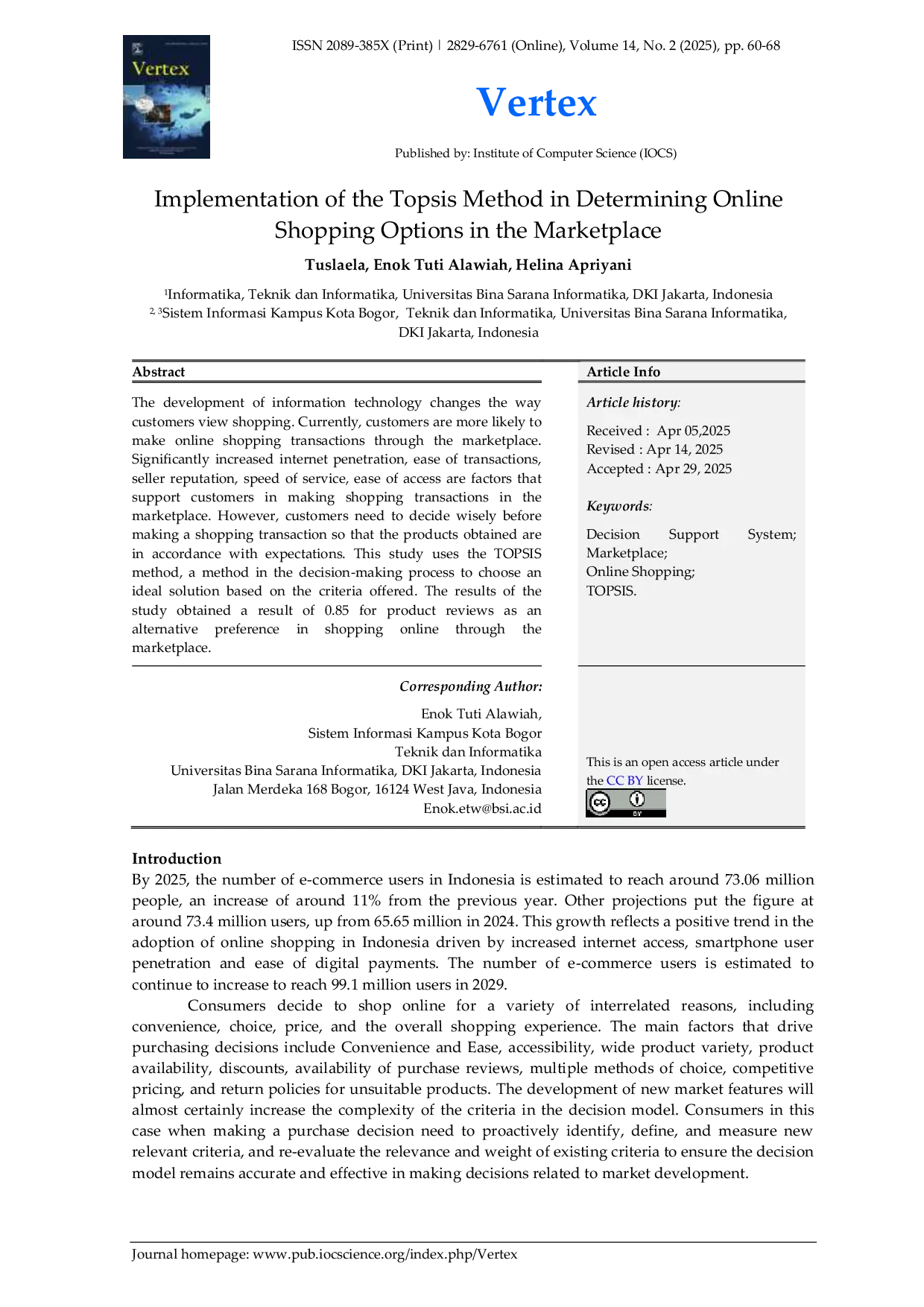 JURIS Implementation of the Topsis Method in Determining Online Shopping Options in the Marketplace