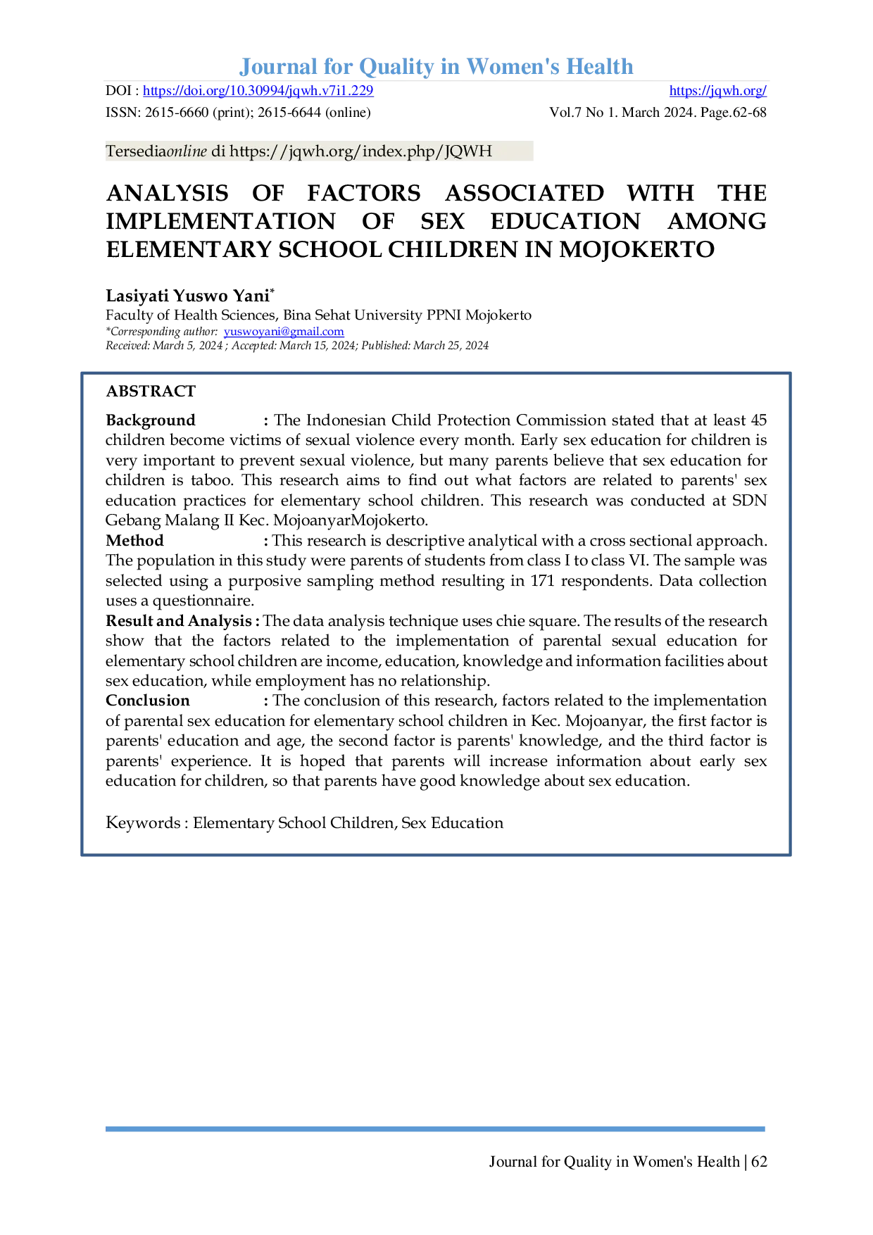 JURIS Analysis Of Factors Associated With The Implementation Of Sex Education Among Elementary School Children In Mojokerto