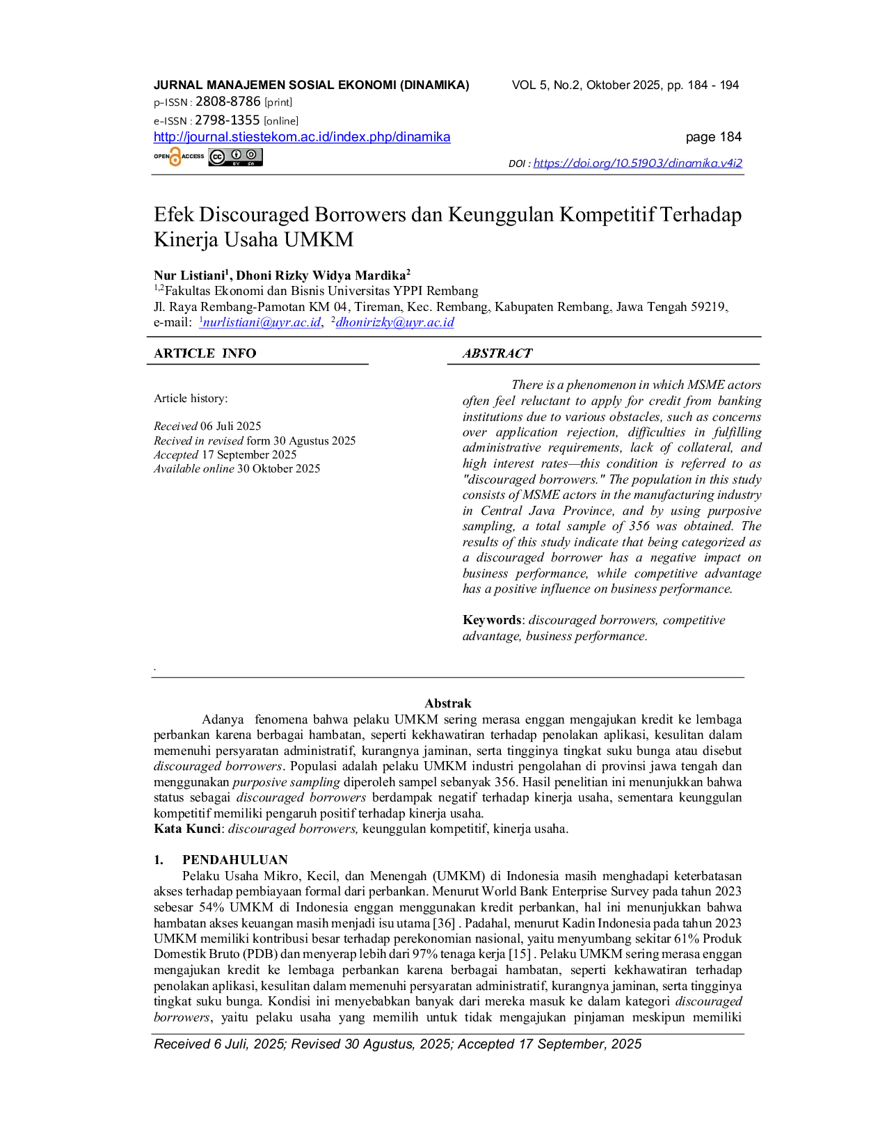 JURIS Efek Discouraged Borrowers dan Keunggulan Kompetitif Terhadap Kinerja Usaha UMKM