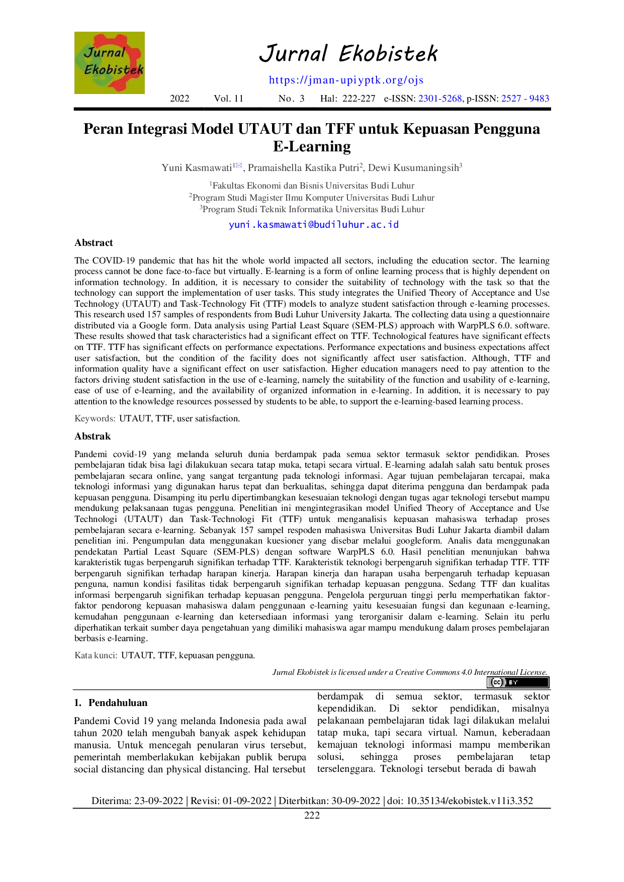JURIS Peran Integrasi Model UTAUT dan TFF untuk Kepuasan Pengguna E Learning