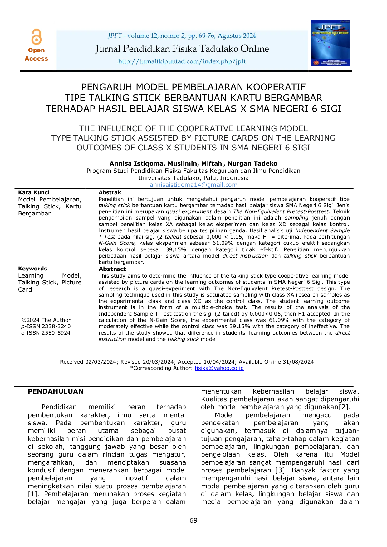 JURIS Pengaruh Model Pembelajaran Kooperatif Tipe Talking Stick Berbantuan Kartu Bergambar Terhadap Hasil Belajar Siswa Kelas X SMA Negeri 6 Sigi