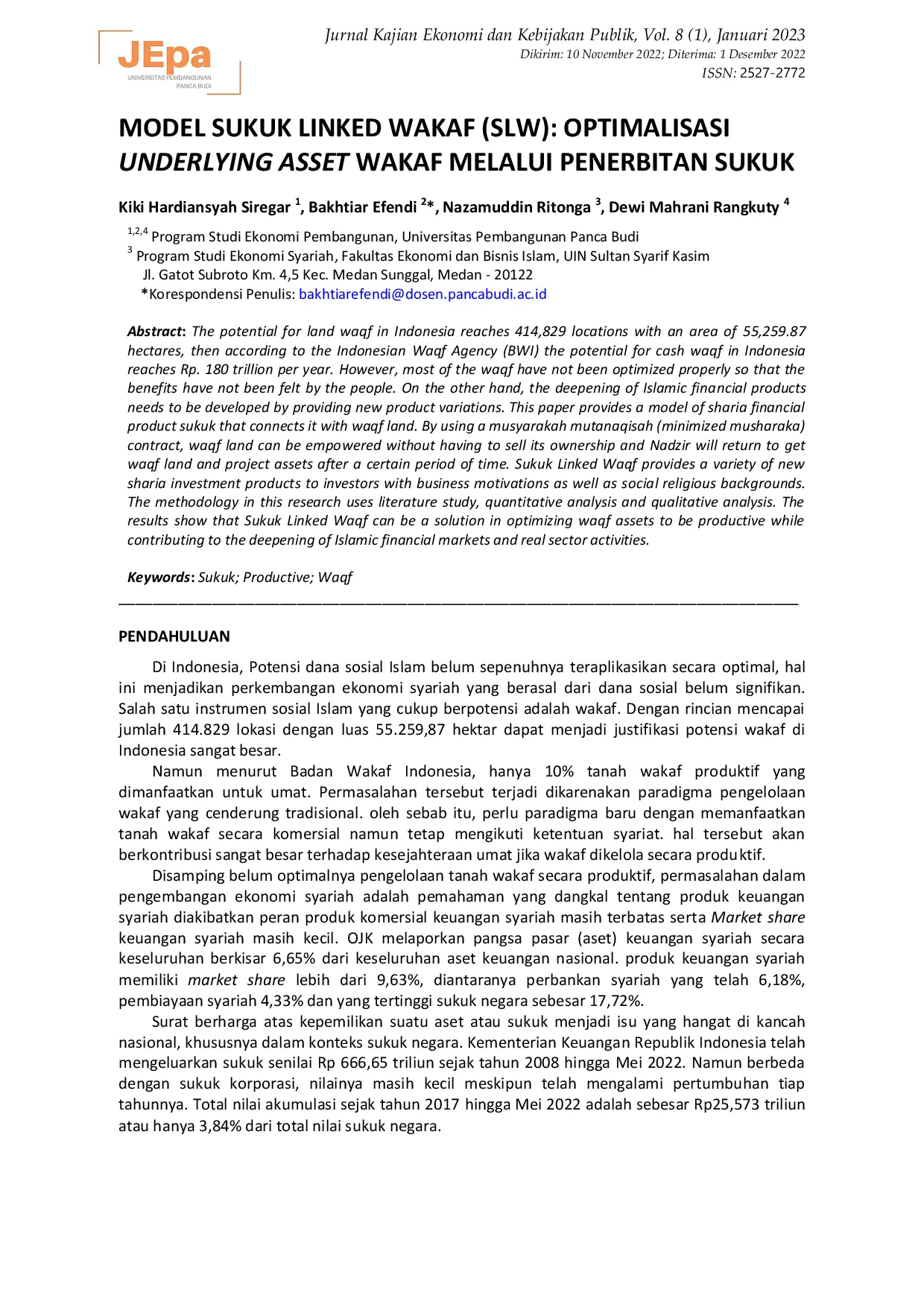 JURIS Model Sukuk Linked Wakaf Optimalisasi Underlying Asset Wakaf Melalui Penerbitan Sukuk