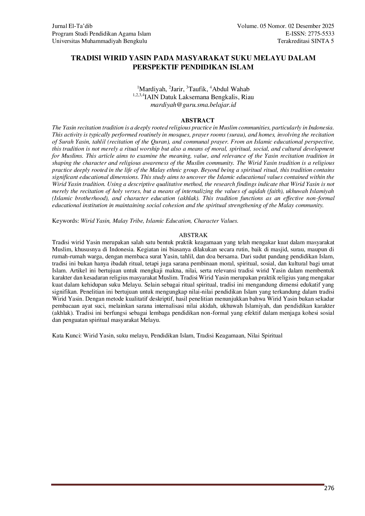 JURIS Tradisi Wirid Yasin pada Masyarakat Suku Melayu dalam Perspektif Pendidikan Islam